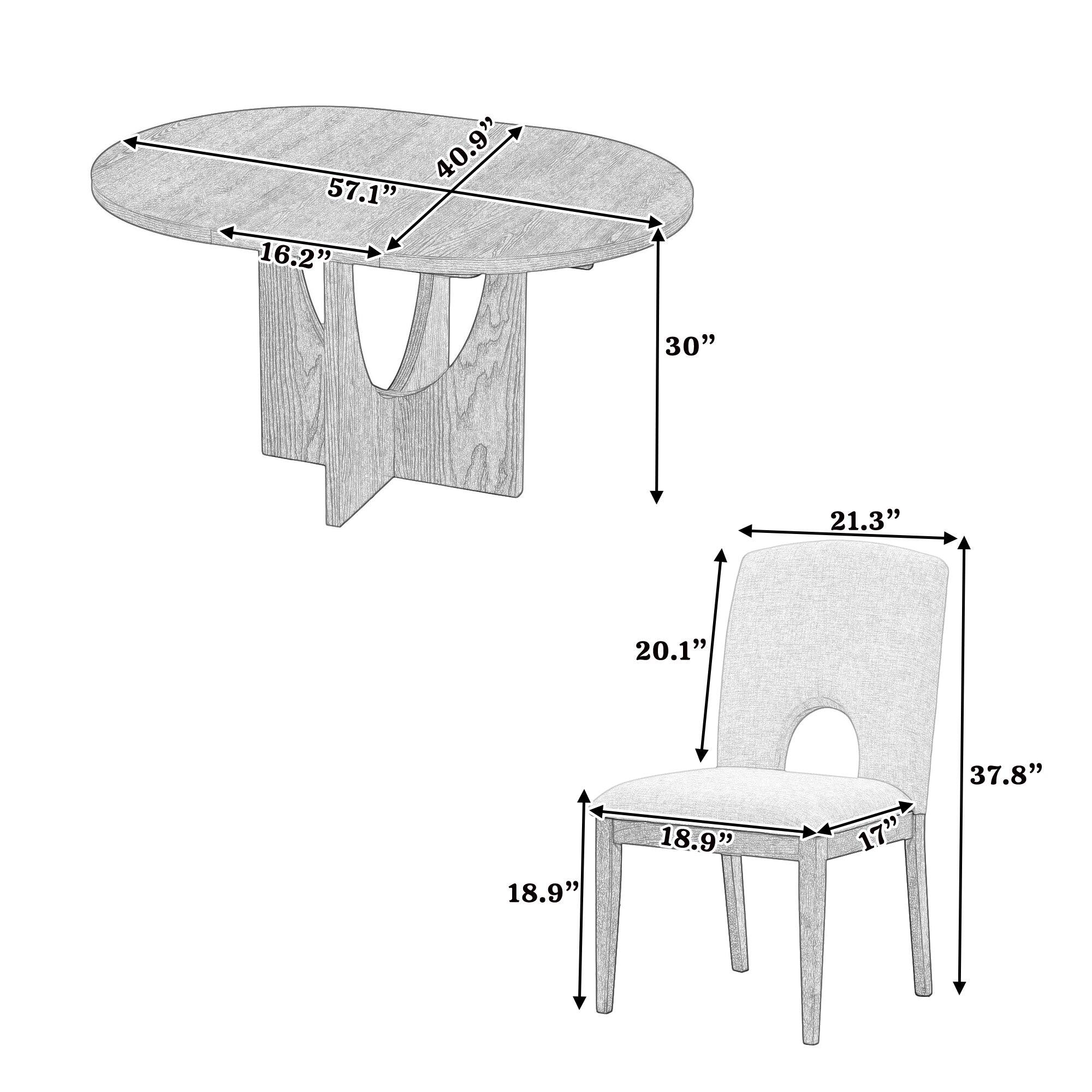 - Table:
  - Diameter: 57.1"
  - Width: 40.9"
  - Depth: 16.2"
  - Height: 30"

- Chair:
  - Seat Width: 18.9"
  - Seat Depth: 17"
  - Back Height: 20.1"
  - Overall Height: 37.8"
  - Armrest Width: 21.3"