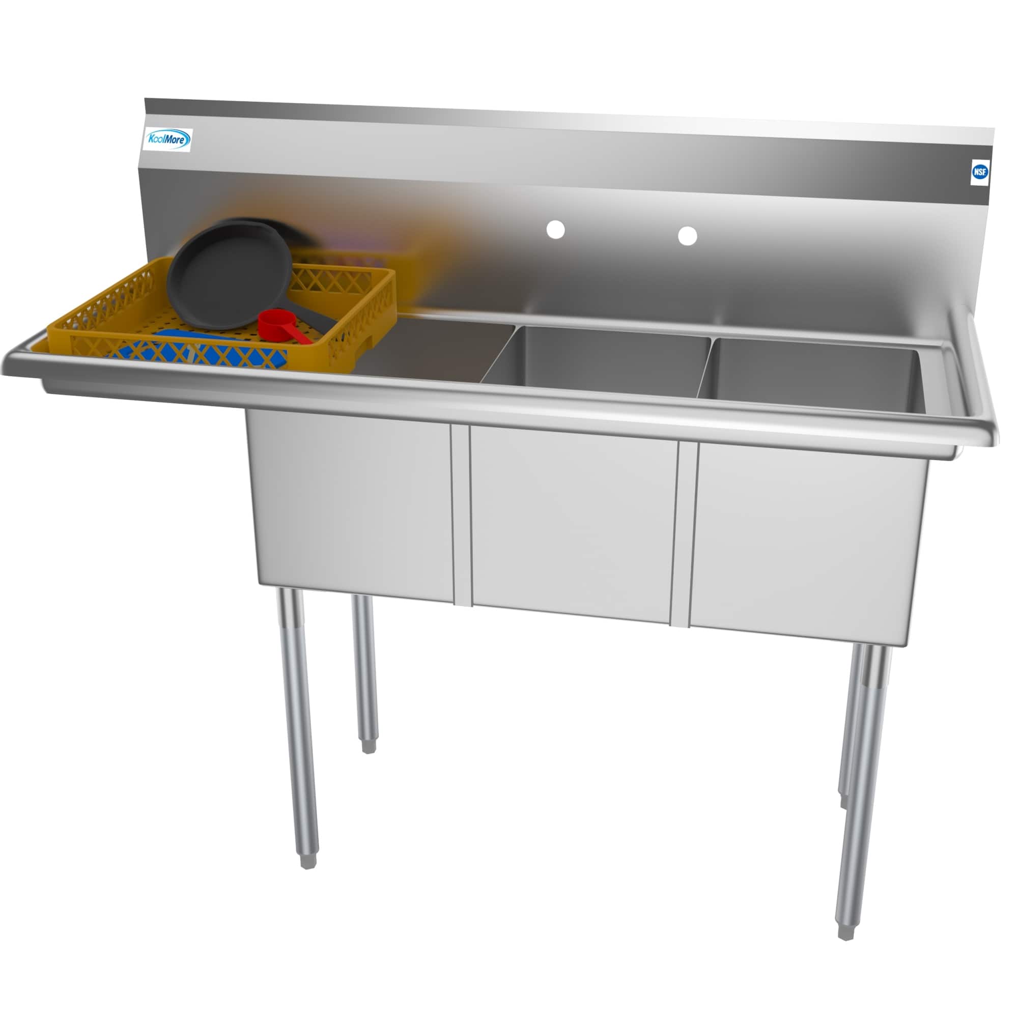 "Koolmore - 51 in. Three Compartment Sink with Drainboard, Bowl Size 12""x 16""x 10"" SC121610-12L3 - Stainless Steel" price history on PriceWatchPro
