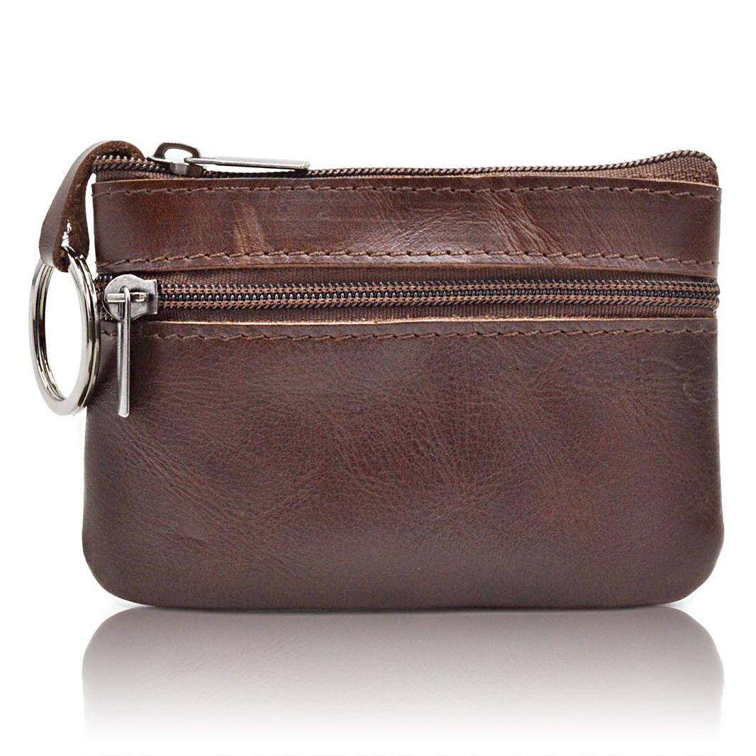 Front. Jadie Link - Women Genuine Leather Pouch Zip Mini Purse Wallet Key Chain Zipper Material High quality genuine leatherZipper Key ring - darkbrown.
