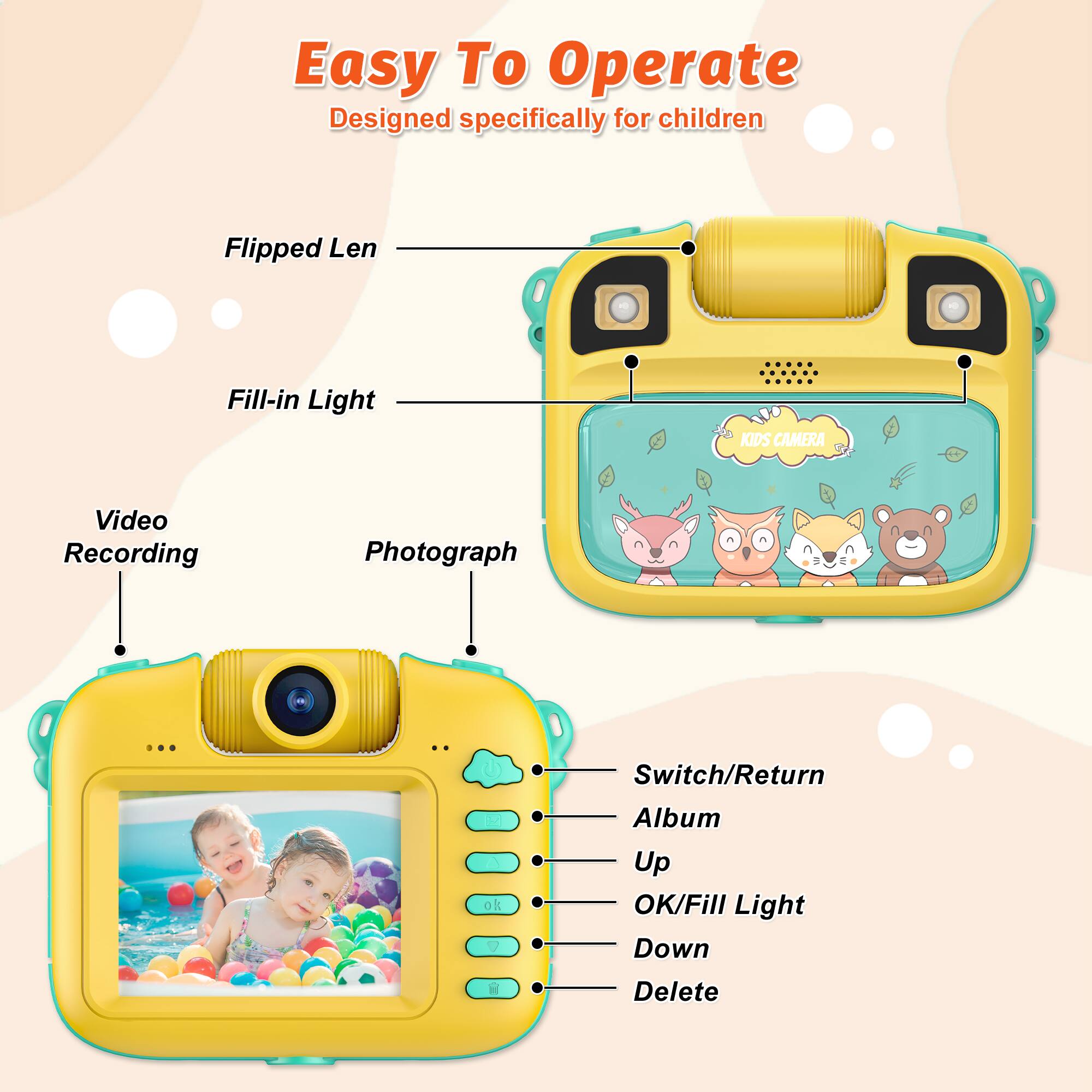 Easy To Operate Designed specifically for children Flipped Len Fill-in Light KIDS CAMERA Video Recording Photograph ... EN ok M Switch/Return Album Up OK/Fill Light Down Delete