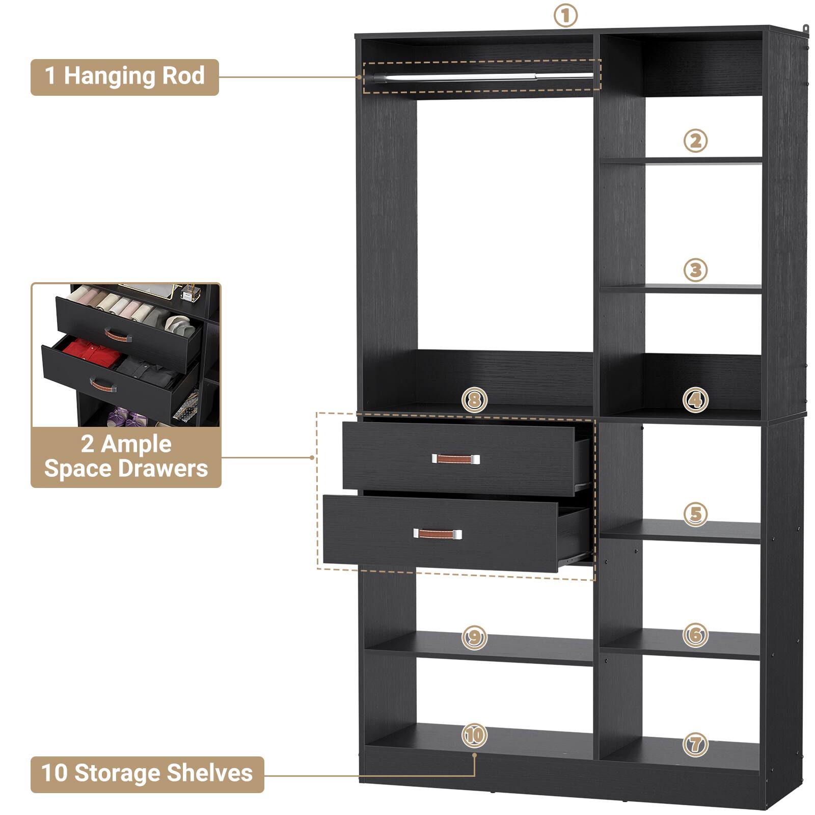 1. Hanging Rod  
2. Ample Space Drawers  
3. Storage Shelves