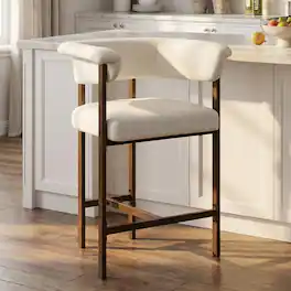 KERDOM - Counter Height Bar Stool with Padded Arms, Mid-Century Modern Fabric Upholstered Dining Chairs, Padded Backrest & Seat - White