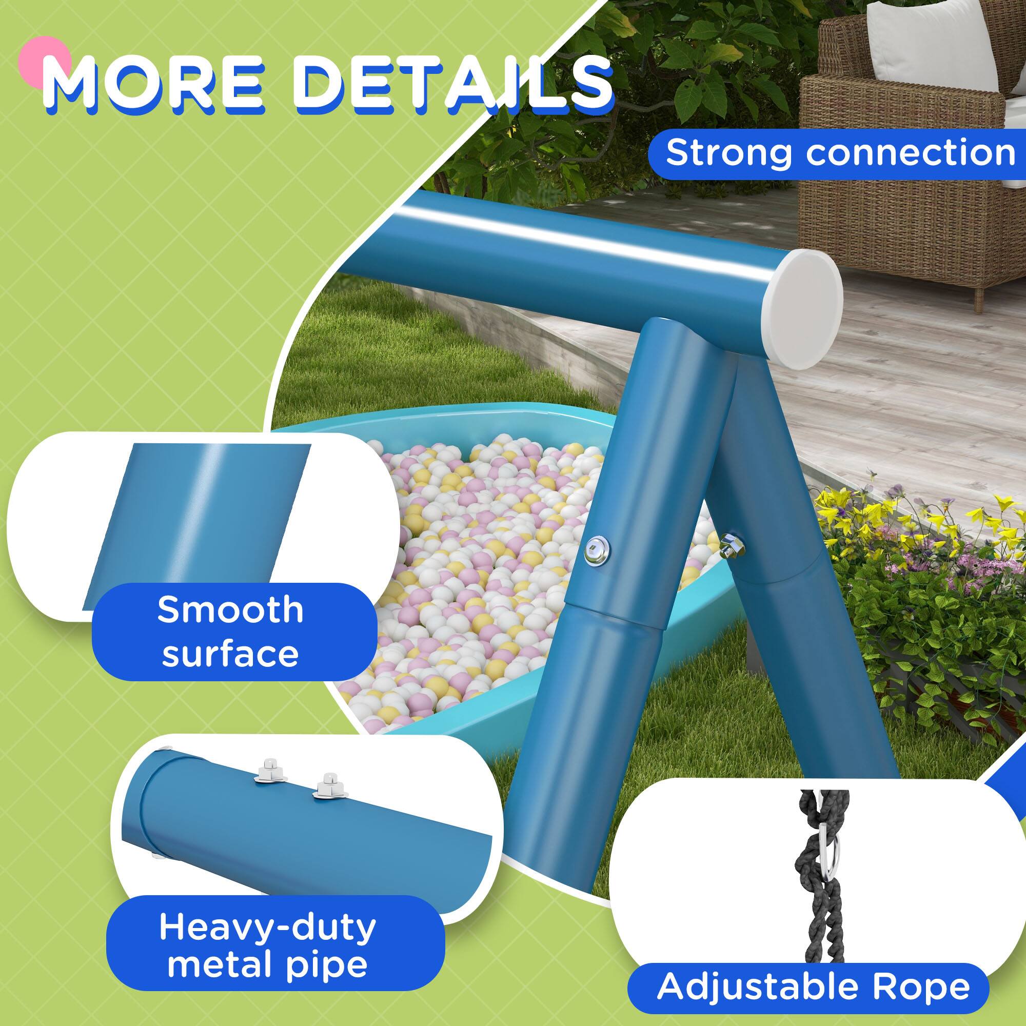 MORE DETAILS

- Strong connection
- Smooth surface
- Heavy-duty metal pipe
- Adjustable Rope