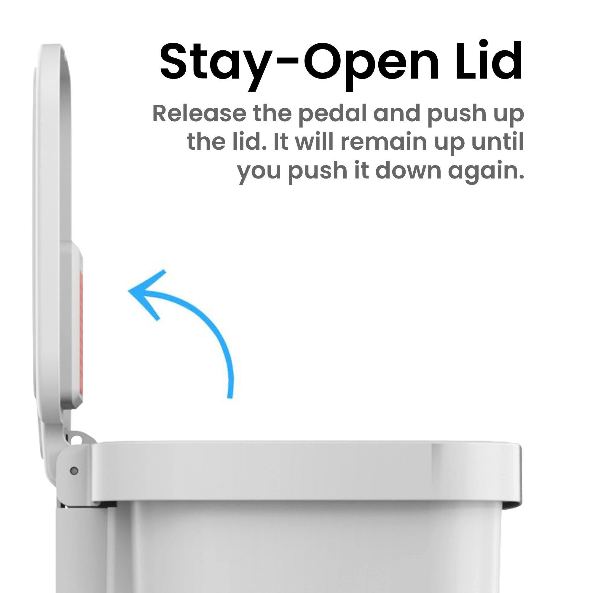 Stay-Open Lid

Release the pedal and push up the lid. It will remain up until you push it down again.