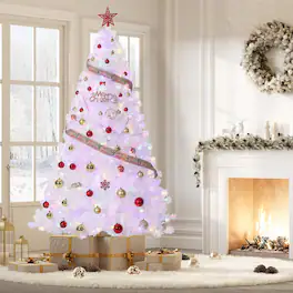 GARVEE - 6ft Prelit Artificial Christmas Tree with Warm LED Lights, Metal Stand, Flame-Retardant PVC - White