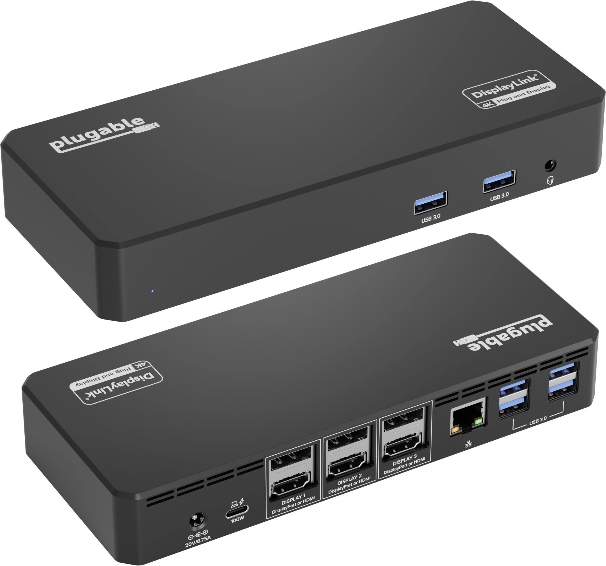 Plugable - 12-in-1 USB C Triple Monitor Docking Station - 3X HDMI or 3X DisplayPort - Mac, Windows,Thunderbolt,USB4,USB-C - Black