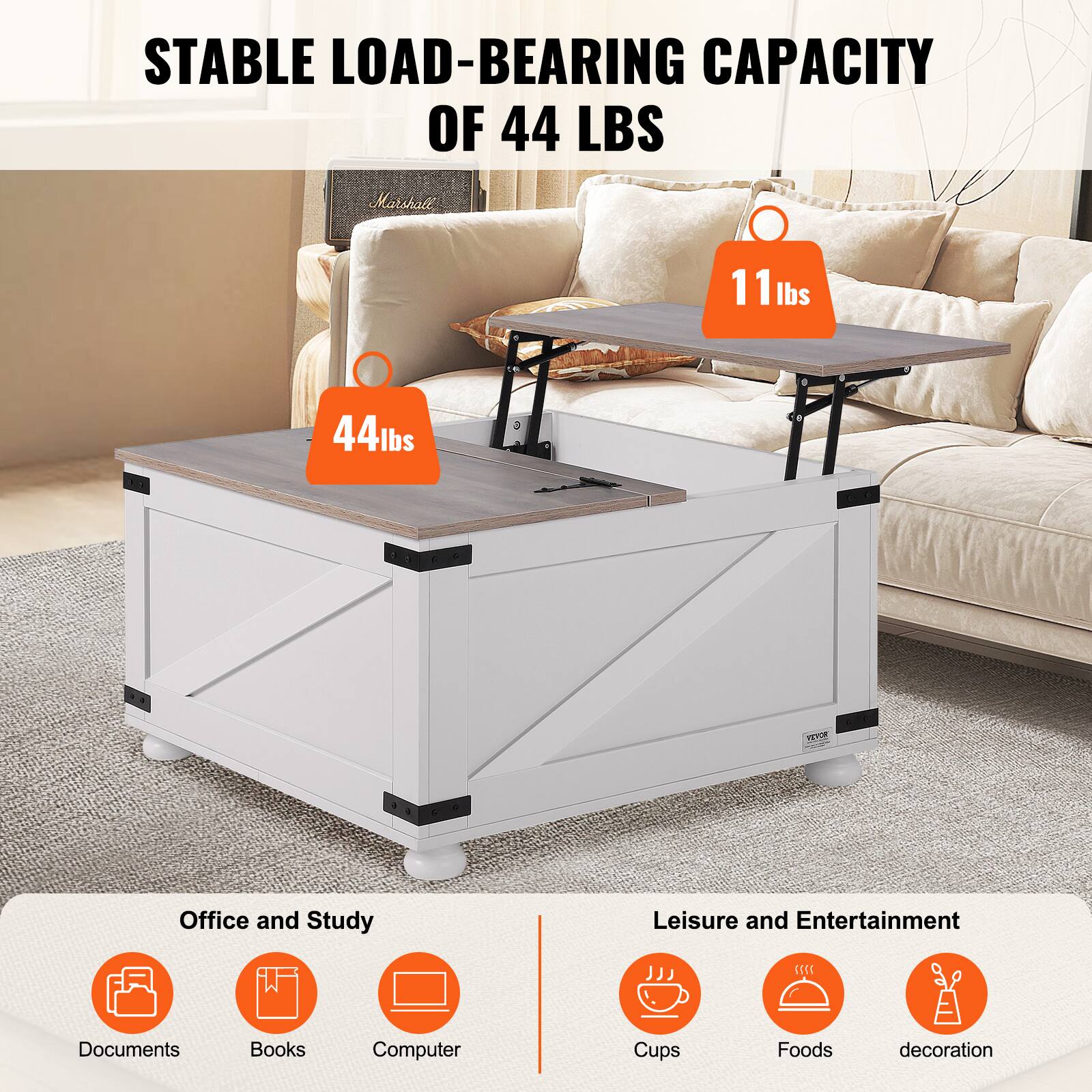 STABLE LOAD-BEARING CAPACITY OF 44 LBS

Office and Study
- Documents
- Books
- Computer

Leisure and Entertainment
- Cups
- Foods
- Decoration