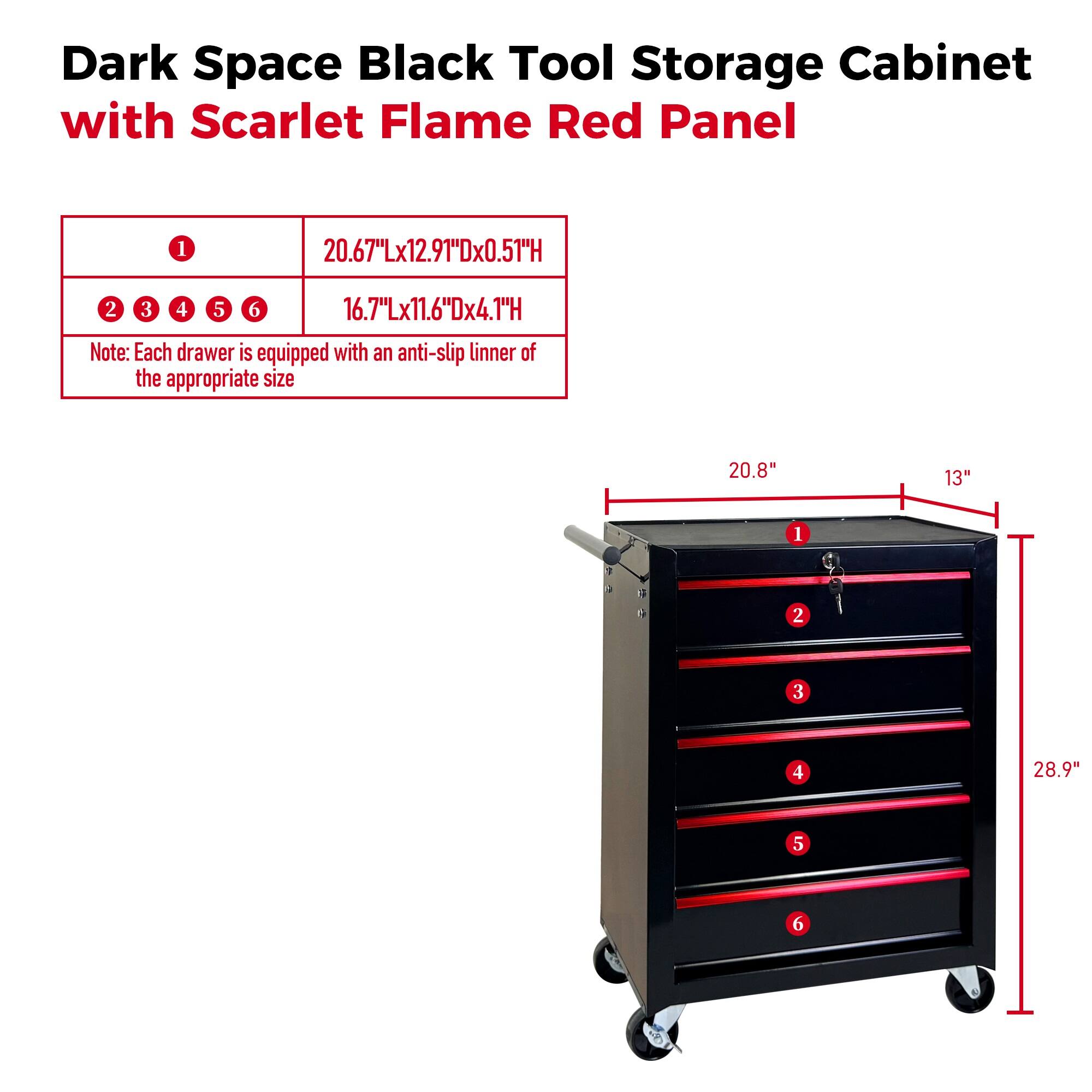 Dark Space Black Tool Storage Cabinet with Scarlet Flame Red Panel

1. 20.67"Lx12.91"Dx0.51"H
2. 16.7"Lx11.6"Dx4.1"H

Note: Each drawer is equipped with an anti-slip liner of the appropriate size

1. 20.8" 13"
2. 28.9"