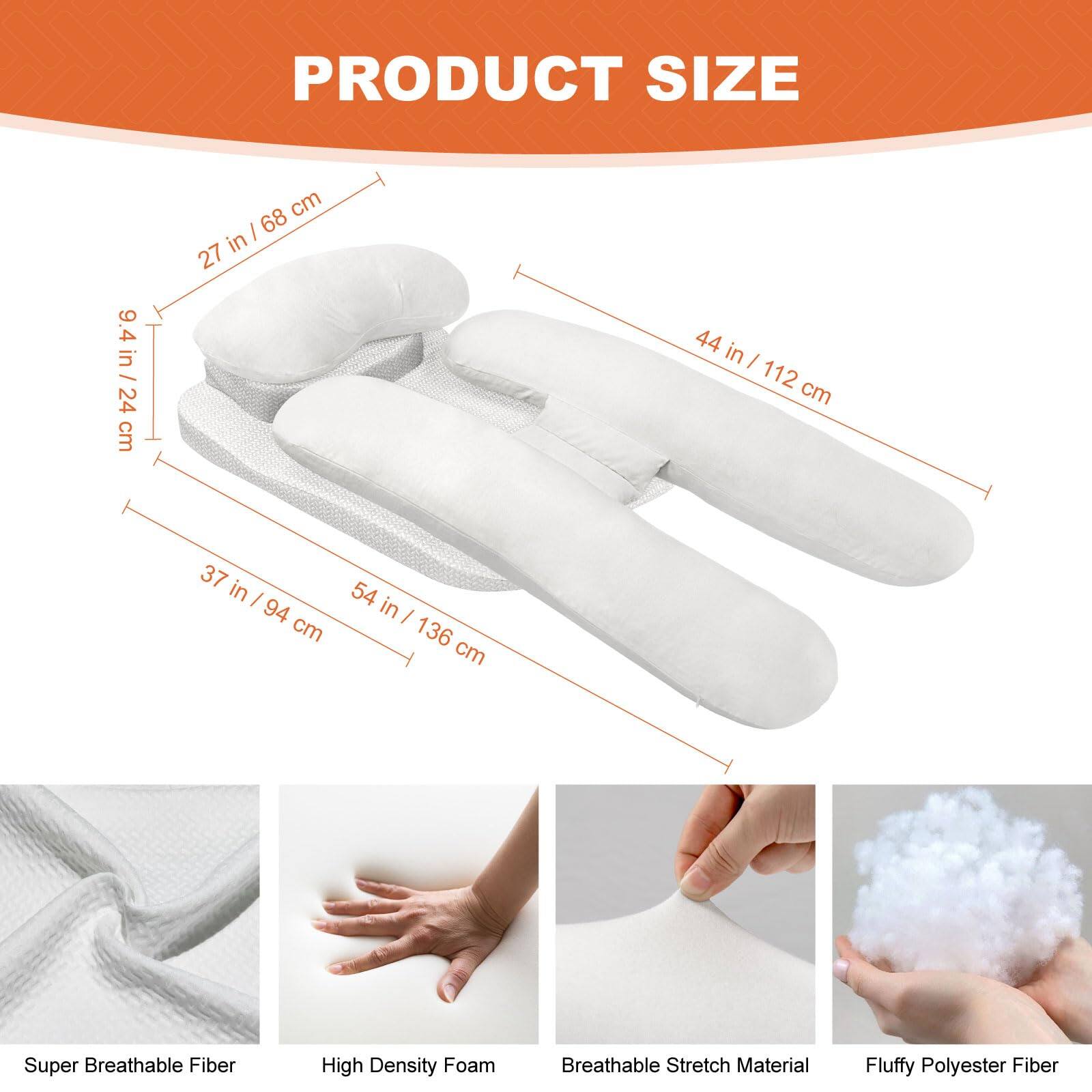 PRODUCT SIZE

9.4 in / 24 cm  
27 in / 68 cm  
37 in / 94 cm  
44 in / 112 cm  
54 in / 136 cm

Super Breathable Fiber  
High Density Foam  
Breathable Stretch Material  
Fluffy Polyester Fiber