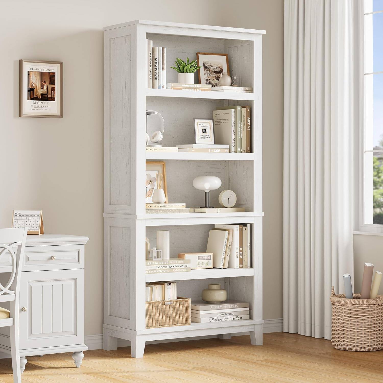 Certainly! Here is the corrected and grouped text from the image:

---

**Top Shelf:**
- CLAUDE MONET
- MONET
- ART

**Second Shelf:**
- ART
- SECRET DENDENOU
- THAM SENTURE
- ART
- NENCY
- 10%
- A Widow for One Year

**Third Shelf:**
- TRICIA BURKE
- Secret Rendezvous
- SO TEAM VENTURE

**Fourth Shelf:**
- SIDNEY SHILTON
- John Irving
- A Widow for One Year

**Books on the Shelf:**
- ART
- SECRET DENDENOU
- THAM SENTURE
- ART
- NENCY
- 10%
- A Widow for One Year
- TRICIA BURKE
- Secret Rendezvous
- SO TEAM VENTURE
- SIDNEY SHILTON
- John Irving
- A Widow for One Year

**Other Items:**
- Calendar
- Clock
- Potted Plant
- Framed Picture
- Books and Decorative Items

--- 

This text is grouped based on the visible items and their arrangement on the shelves.