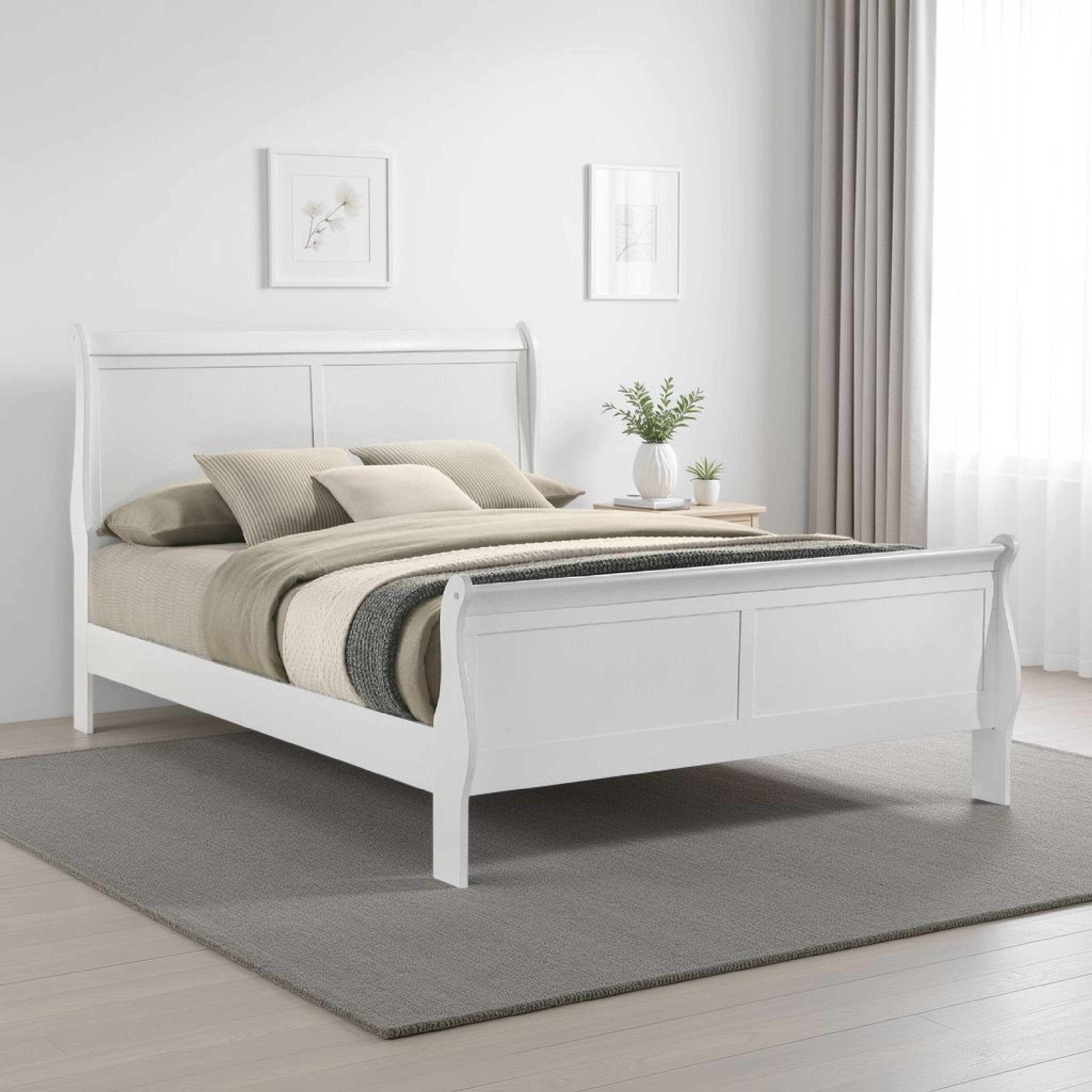 Alt View 5. Manhattan Lane - Nim Full Size Bed, Sleigh Panel Headboard Design, White, Low Profile - White.
