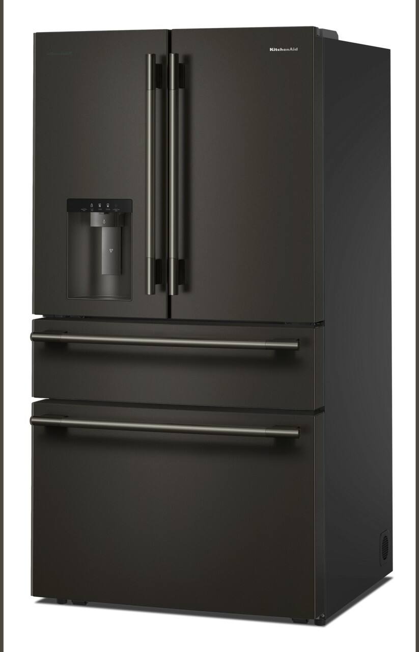Left. KitchenAid - 29 Cu. Ft. French Door Refrigerator with Exterior Water and Ice and FreshChill Full-Width Refrigerated Drawer - Black Ore.