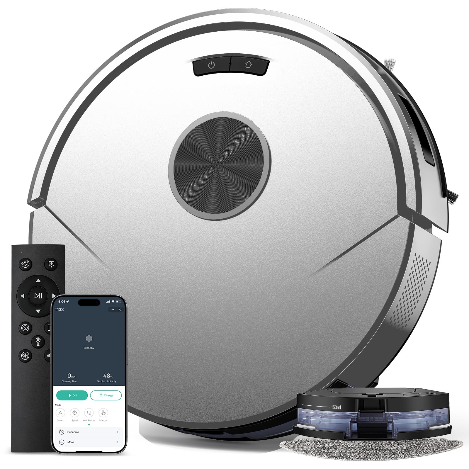 Teendow - Robot Vacuum and Mop, 2-in-1Vacuum Cleaner with APP/Remote for Pet Hair,4 Cleaning Modes,120-Min Runtime,Self-Charging - White