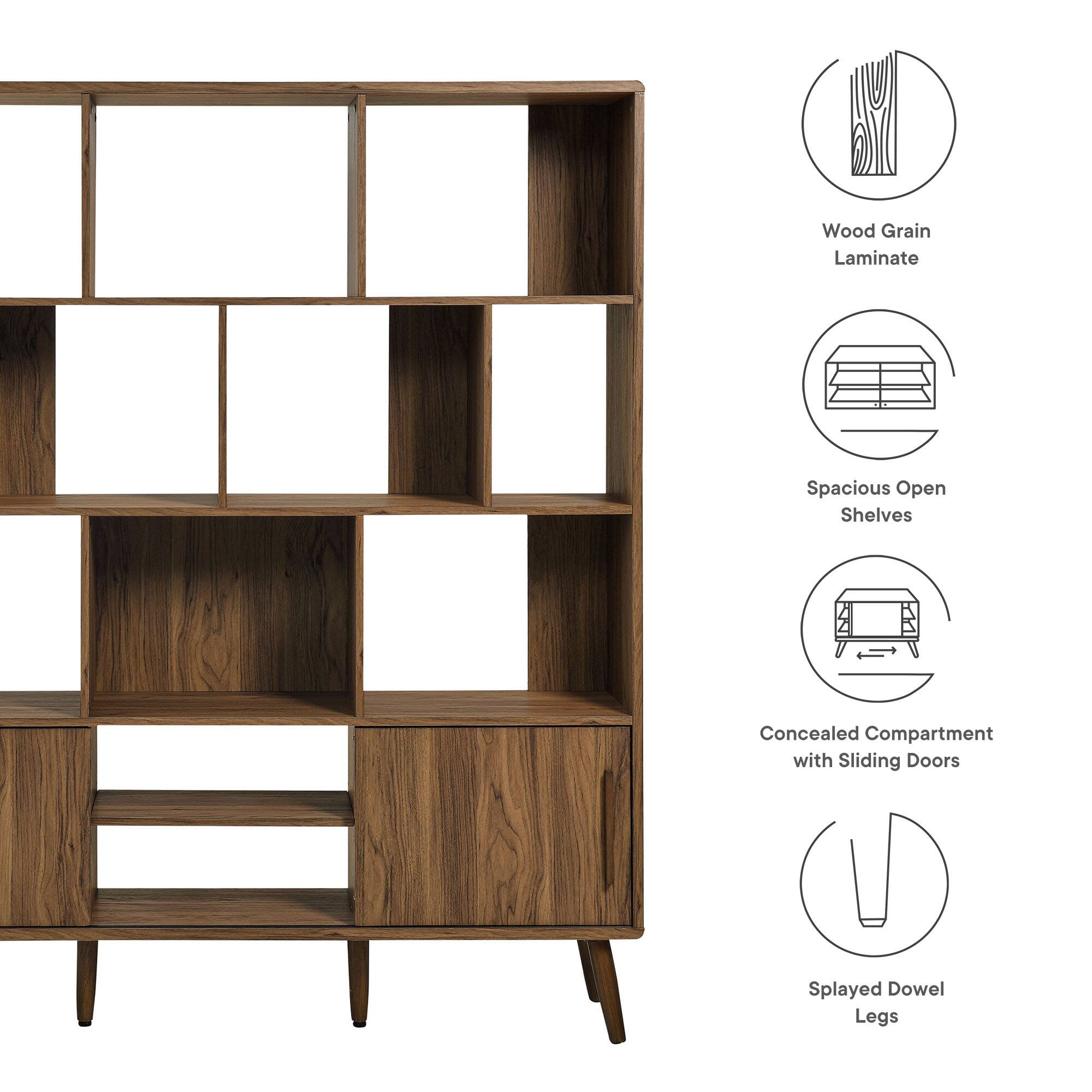 Wood Grain Laminate  
Spacious Open Shelves  
Concealed Compartment with Sliding Doors  
Splayed Dowel Legs
