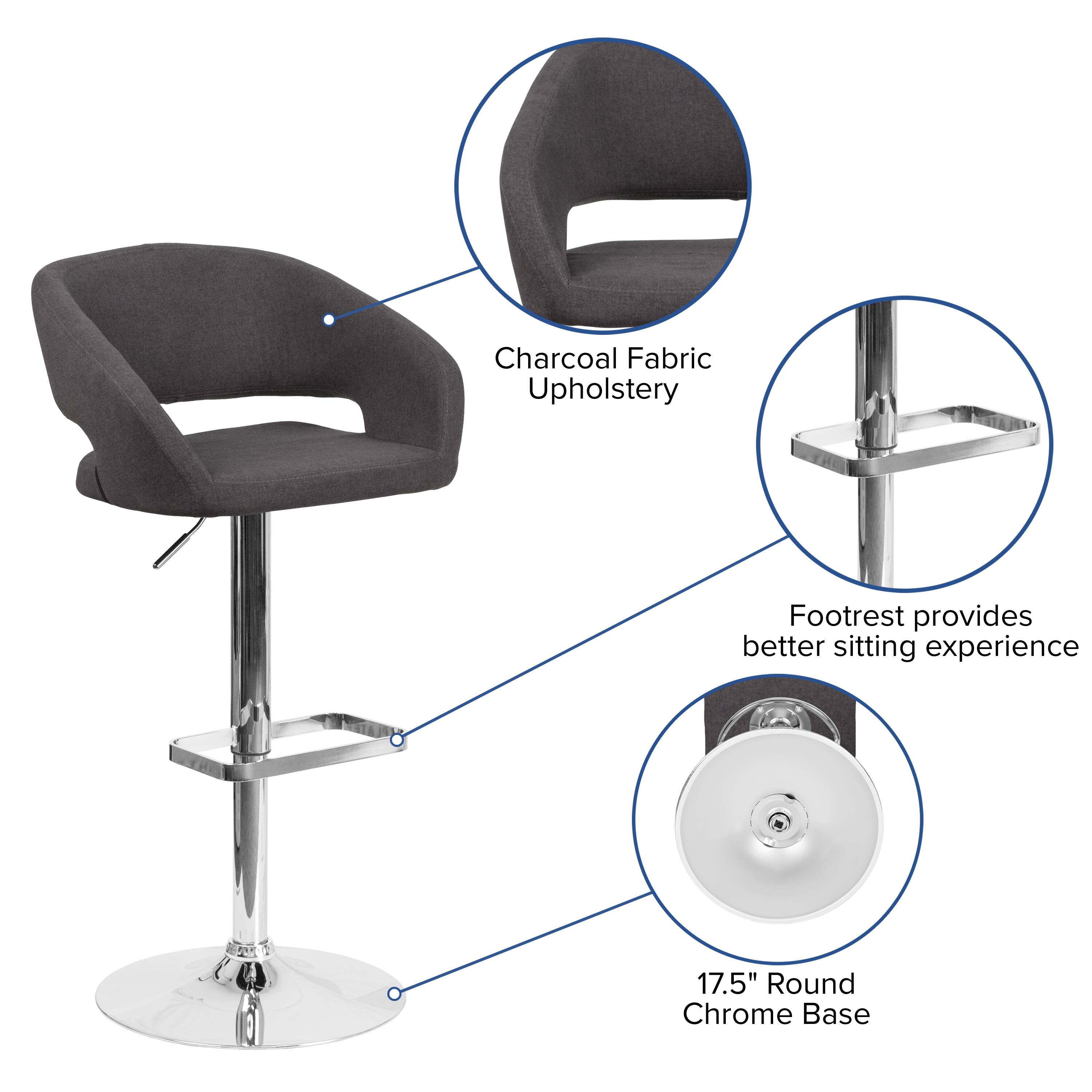 Charcoal Fabric Upholstery  
Footrest provides better sitting experience  
17.5" Round Chrome Base