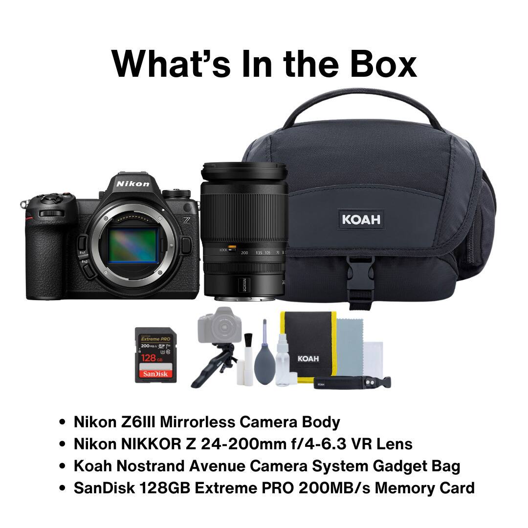 Nikon Z6II Mirrorless Camera Body
Nikon NIKKOR Z 24-200mm f/4-6.3 VR Lens
Koah Nostrand Avenue Camera System Gadget Bag
SanDisk 128GB Extreme PRO 200MB/s Memory Card