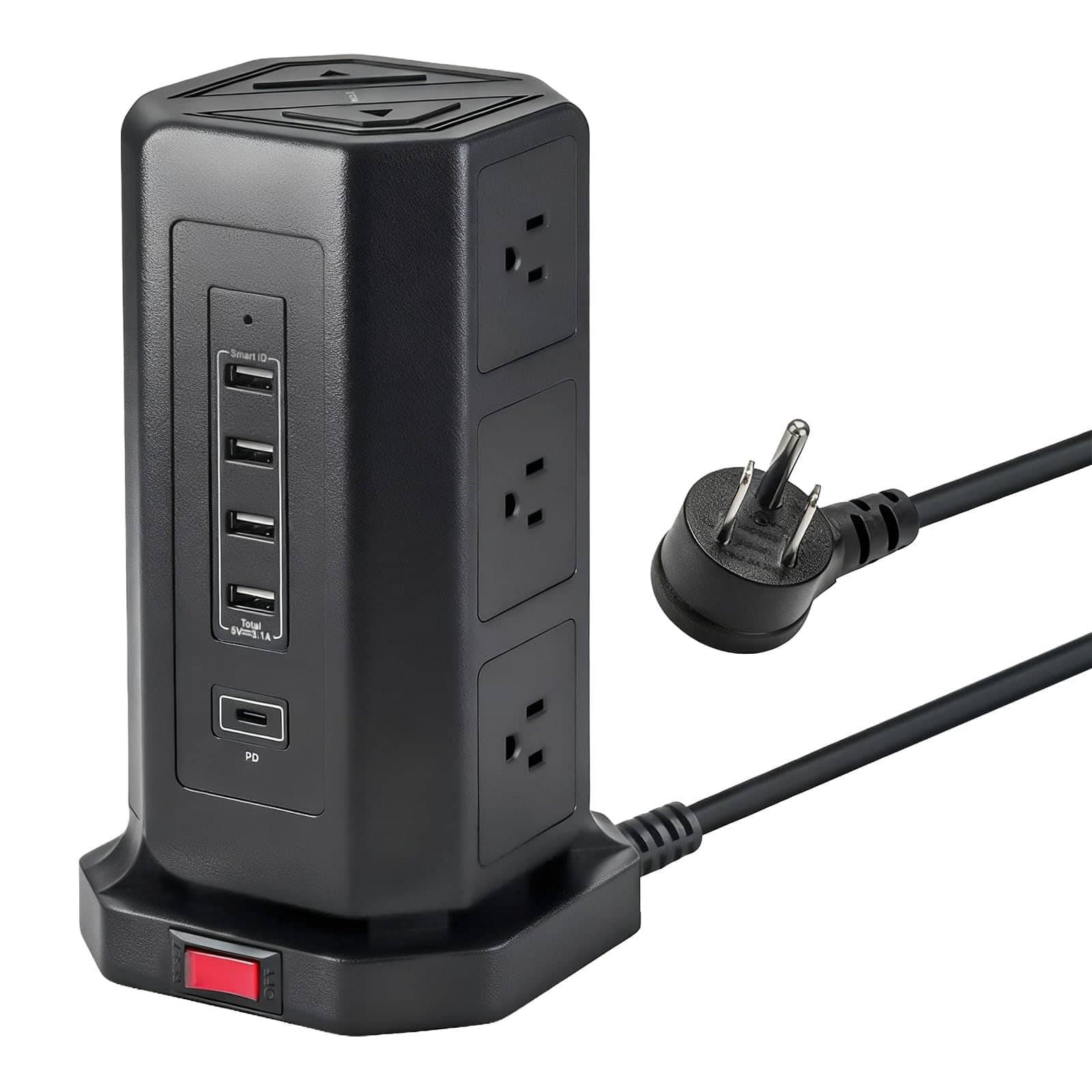Dazzed Corner - Power Strip Tower Surge Protector, 9 Outlets & 4 USB (3A 1C), 6FT Cord - Black