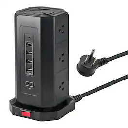 Dazzed Corner - Power Strip Tower Surge Protector, 9 Outlets & 4 USB (3A 1C), 6FT Cord - Black