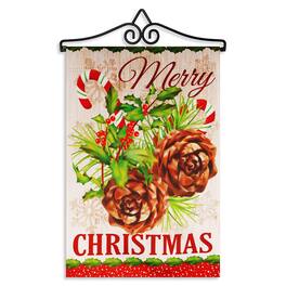 G128 - Combo Pack Garden Flag Hanger 14 inch with Merry Christmas Pinecone Bouquet 12x18 inch Double-Sided Blockout Flag - Multicolor