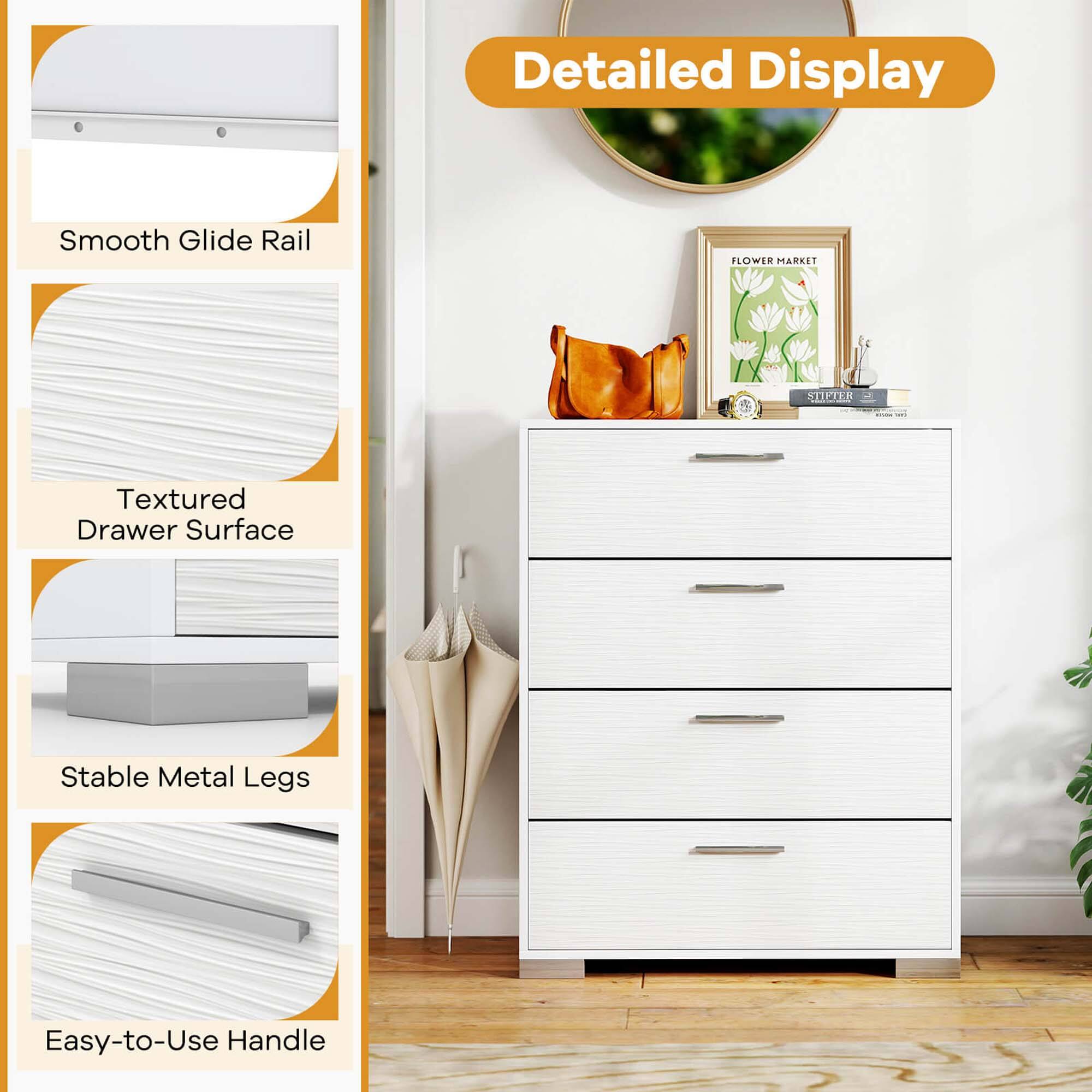 Detailed Display, Smooth Glide Rail, Textured Drawer Surface, Stable Metal Legs, Easy-to-Use Handle