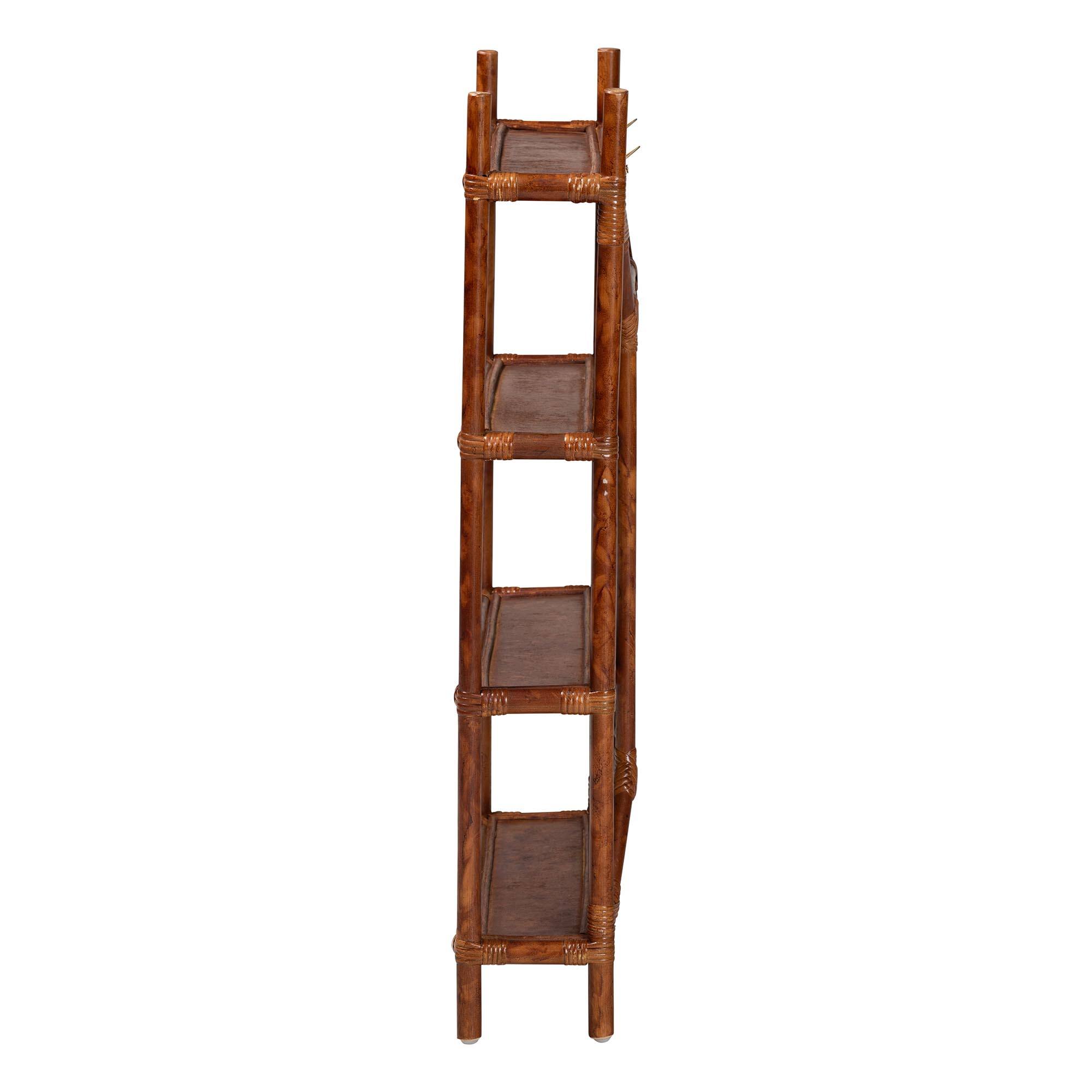 Left. bali & pari - Basile Marbled Tortoise Rattan 4-Tier Wall Display Shelf - Decorative Floating Wicker Storage Organizer - Marbled Tortoise Brown.