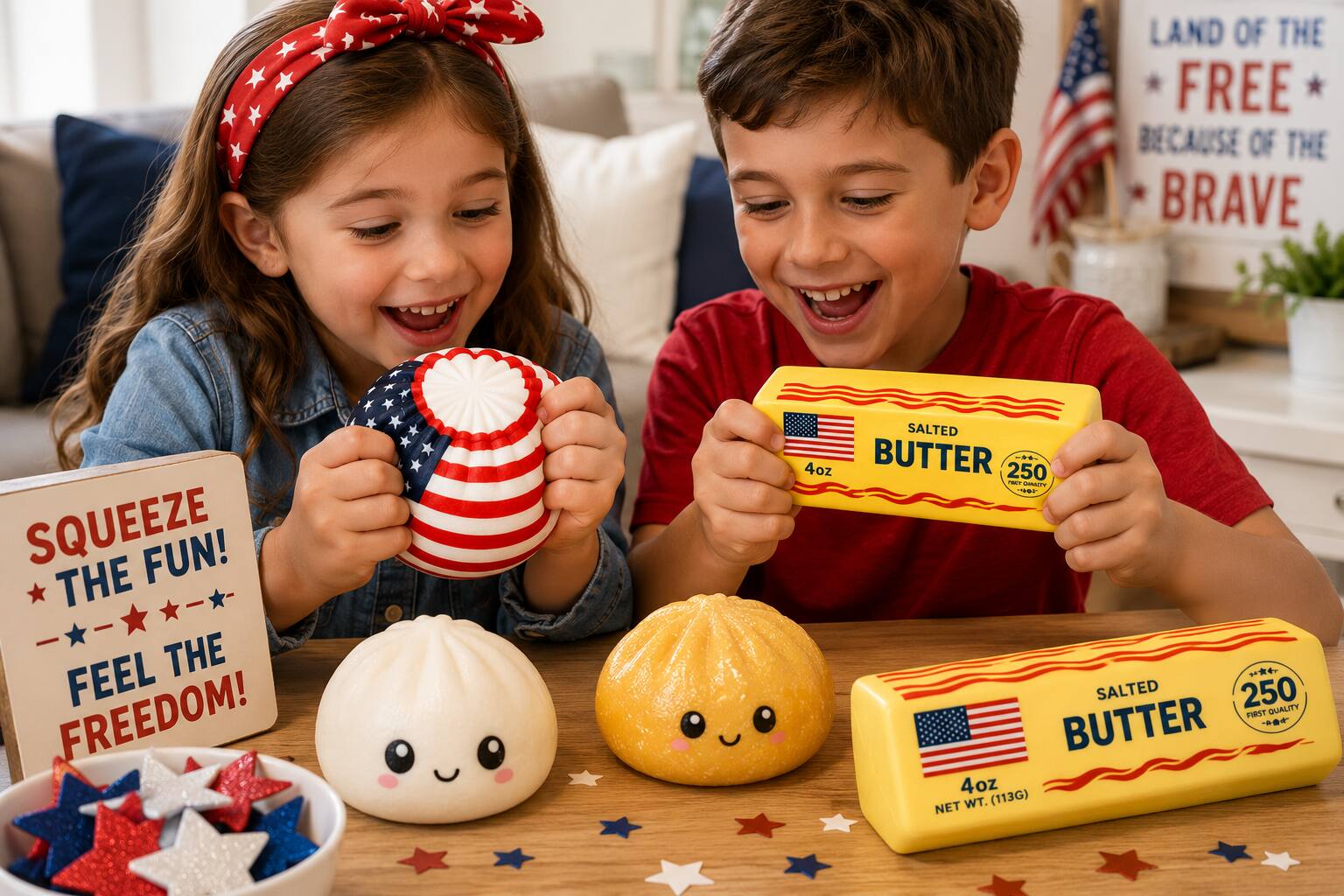 LAND OF THE FREE BECAUSE OF THE BRAVE

SQUEEZE FUN! THE FEEL THE FREEDOM!

SALTED 4oz BUTTER 250 FIRST QUALITY BUTTER 4oz WT. (113G) NET