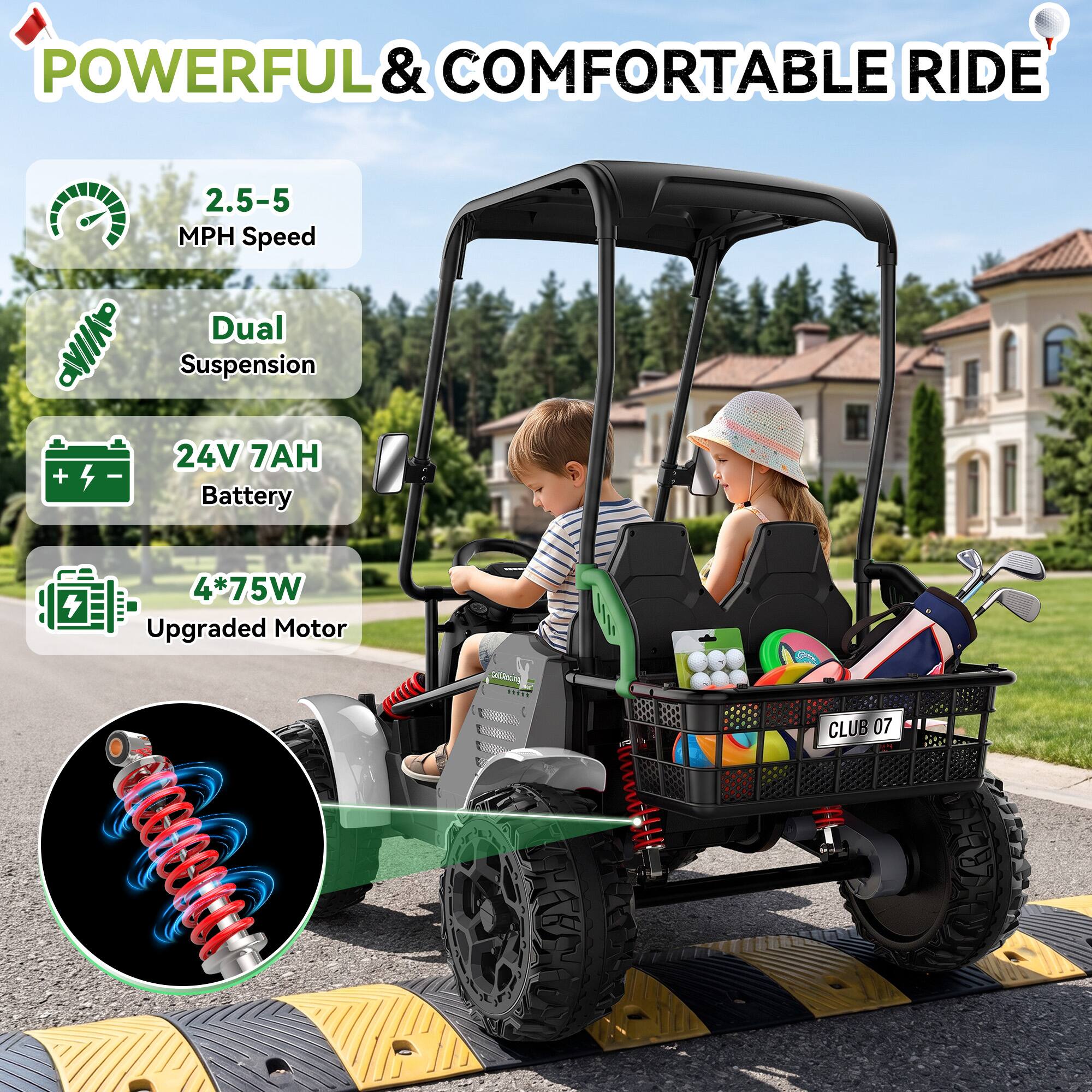 POWERFUL & COMFORTABLE RIDE

2.5-5 MPH Speed
Dual Suspension
24V 7AH Battery
4*75W Upgraded Motor

CLUB 07