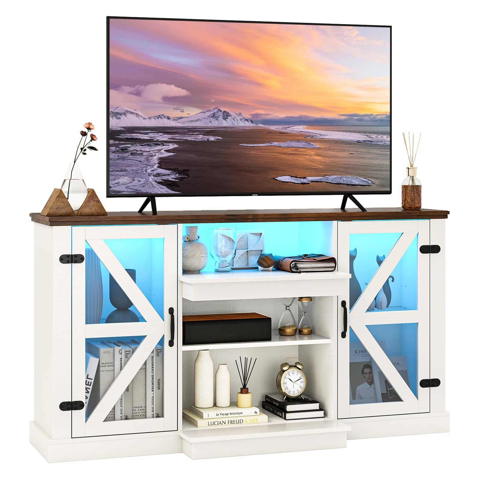 Ecooso - 59 Inch Media Console Table with 3-Level Shelves and 22 Lighting Modes - White