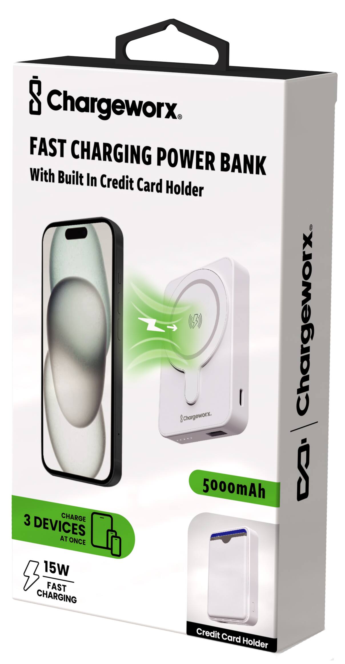 Chargeworx Fast Charging Power Bank with Built-In Credit Card Holder. 8,500mAh, 3 Charge Devices at Once. Chargeworx 8,500mAh 15W Fast Charging Credit Card Holder.