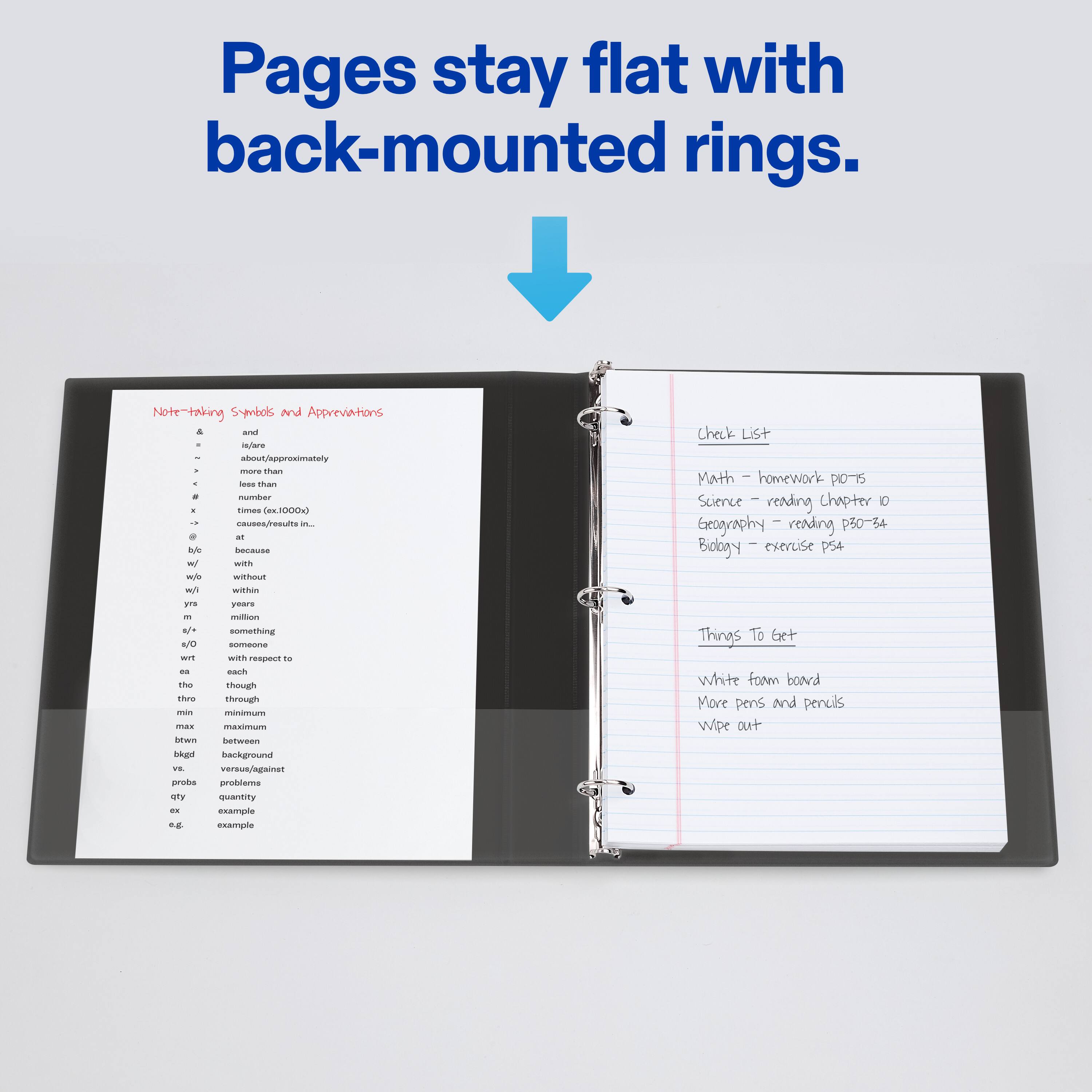 Pages stay flat with back-mounted rings.

Note-taking Symbols and Abbreviations

- & - and
- ~ - about/approximately
- > - more than
- < - less than
- # - number (1000x)
- ... - cause/results in...
- @ - at
- b/c - because
- w/o - without
- w/ - within
- yr - years
- m - million
- $/0 - someone
- wrt - with respect to
- ea - each
- tho - though
- min - minimum
- max - maximum
- btw - between
- bkgd - background
- prob - problem
- qty - quantity
- ex - example
- e.g. - for example

Check List

- Math - homework P10-15
- Science - reading chapter 10
- Geography - reading P30-34
- Biology - exercise P54

Things To Get

- White foam board
- More pens and pencils
- Wipe out