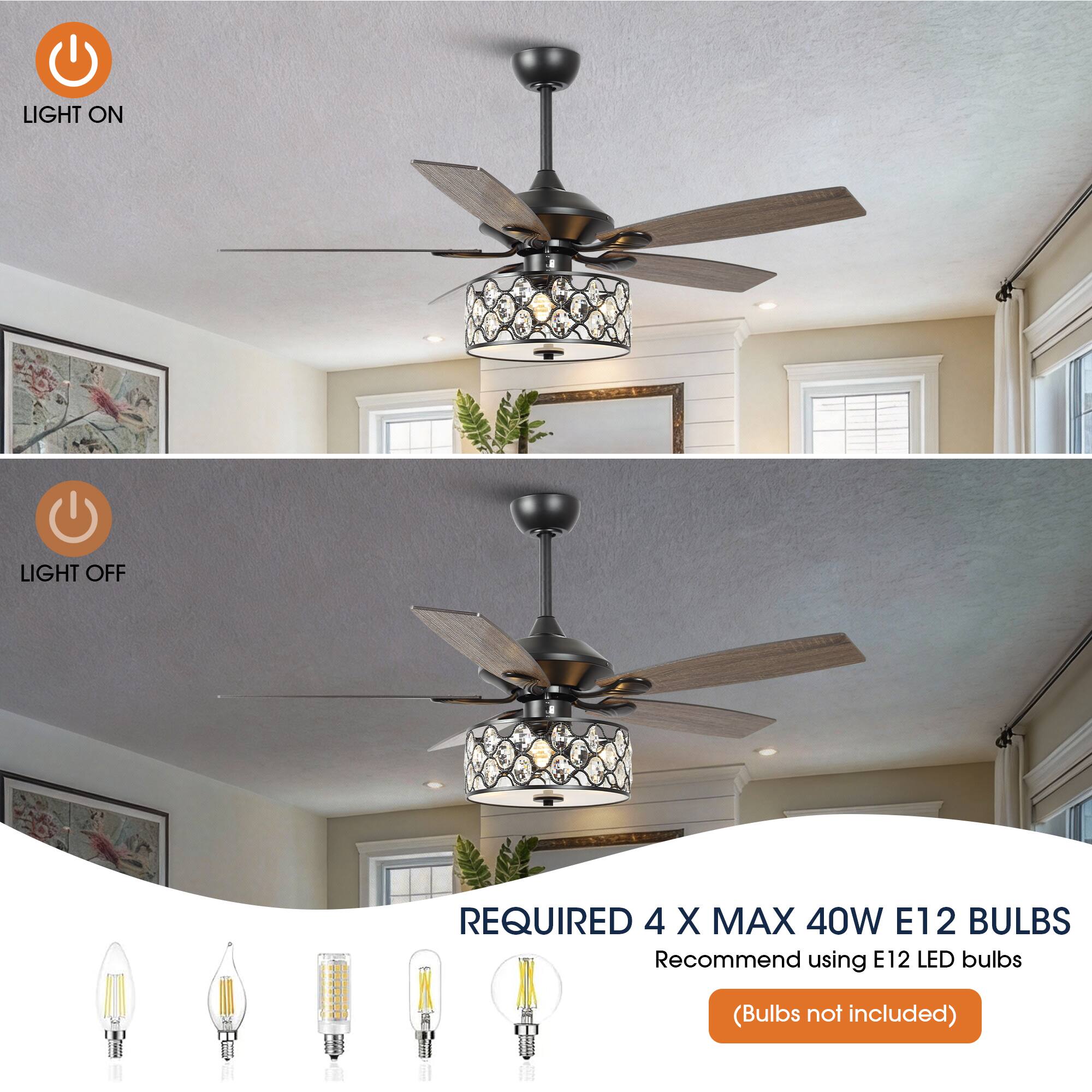 LIGHT ON  
LIGHT OFF  

REQUIRED 4 X MAX 40W E12 BULBS  
Recommend using E12 LED bulbs  
(Bulbs not included)