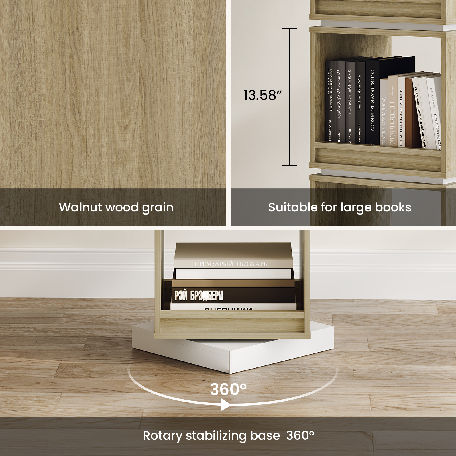 13.58" A-S | PRTTIS Mn - Home E Wo Springs i . T 1 n mot g | , < sidnnoos a ST | COND  ADO8M ANHA -MEN |  PEbN 9 LOLIO - YRIR CI NEP  i TAIWY 181 NS a  MT | Walnut wood grain Suitable for large books     360 Rotary stabilizing base 360