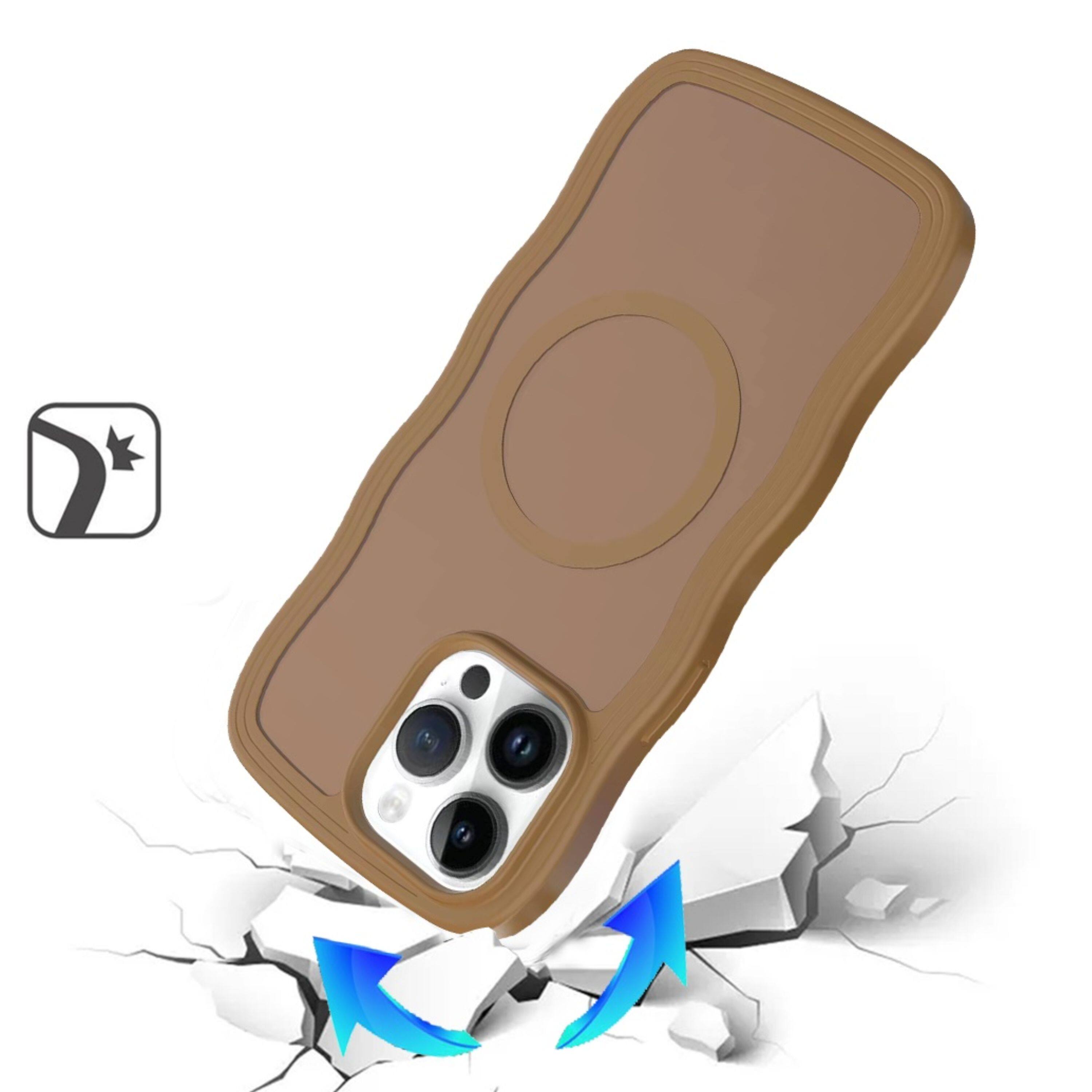 Angle. Kitcheniva - Wavy Side Grip Magnetic Circle Phone Case With 2 Pcs Tempered Glass For iPhone 15 Pro Max Coffee - Coffee.