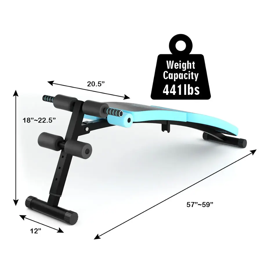 The image features a blue weight rack with a weight capacity of 441 lbs. The rack is designed to hold weights up to 20.5 inches in length. The dimensions of the rack are 18 inches to 22.5 inches in height and 57 inches to 59 inches in width. The rack is suitable for use in a gym or fitness center.