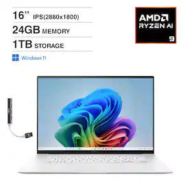 ASUS - Zenbook S 16 Laptop 16.0 2.8K Display (Ryzen AI 9 365, 24GB, 1TB SSD, AMD Radeon 880M, Win 11 Home) w/USB Hub - Scandinavian White