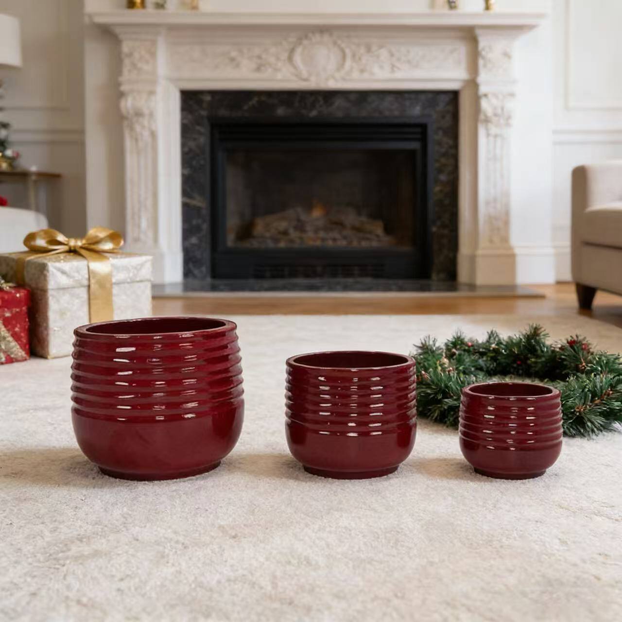 Alt View 1. Loheer - Loheer Ceramic Planter Set of 3, Handmade Glazed Red Clay Flower Pots, 15 11 8 Inch Indoor Outdoor Planters.
