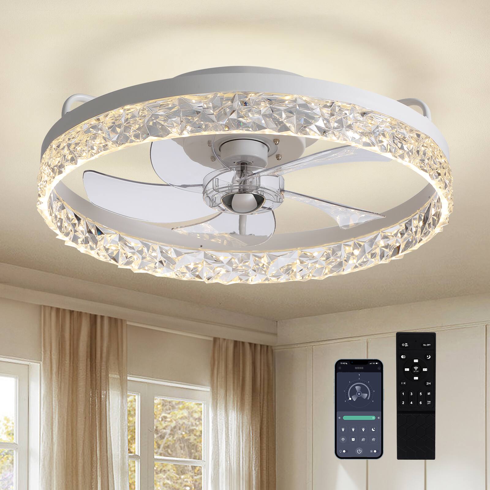 Angle. Siljoy - 20-22-inch Luxury Crystal Flush Mount Fan Light Dimmable Quiet for Bedroom and Living Room - White.