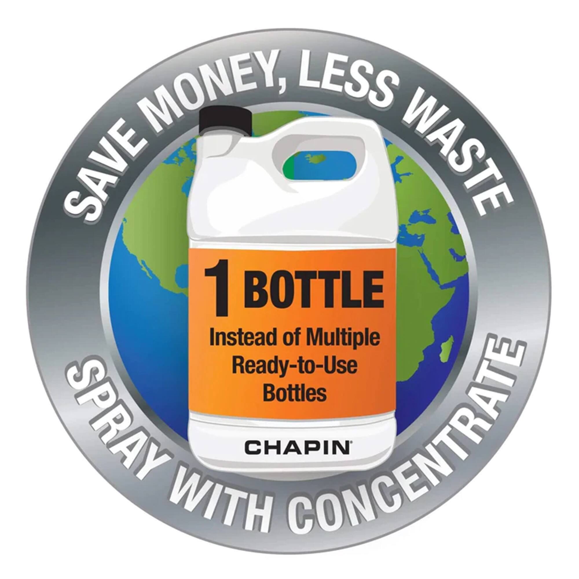 SAVE MONEY, LESS WASTE  
1 BOTTLE  
Instead of Multiple Ready-to-Use Bottles  
SPRAY WITH CONCENTRATE  
CHAPIN