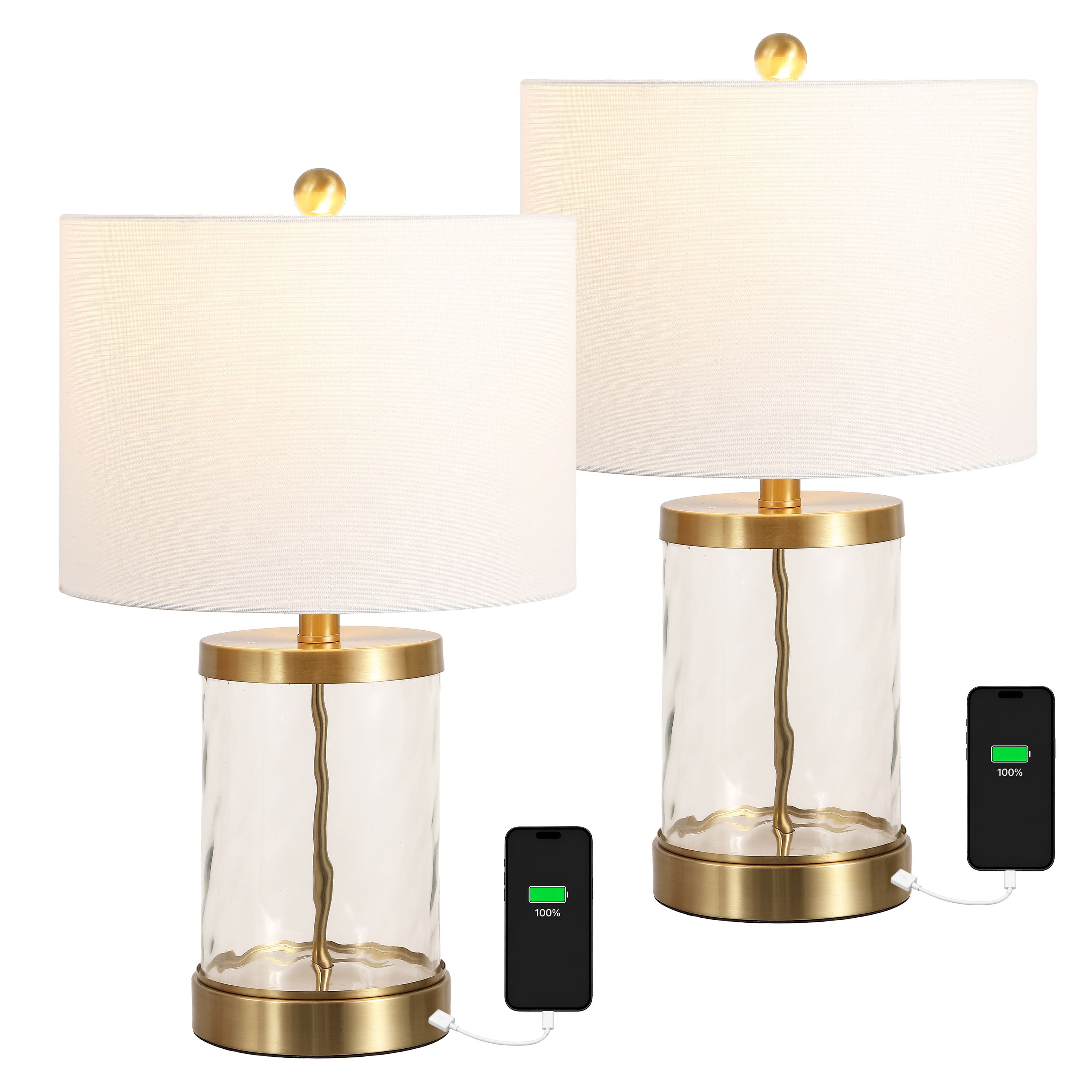 "Jonathan Y - Alexander 21"" Modern Designer Metal/Water Glass LED Table Lamp with USB A+C Charging Ports, (Set of 2) - Brass Gold/Clear" price history on PriceWatchPro