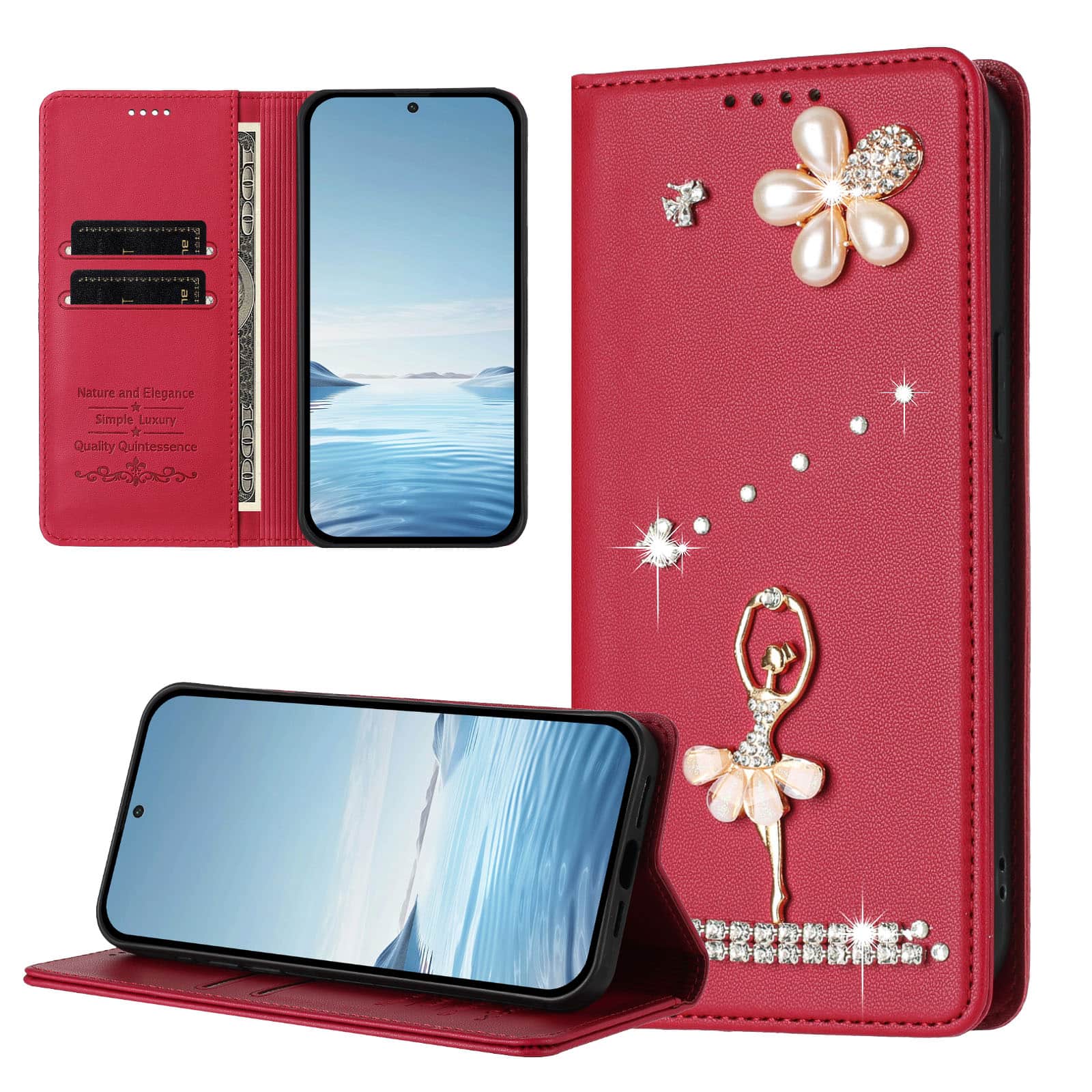 Dteck - 3D Bling Ballerina Wallet Case for Samsung Galaxy A36 5G, RFID Blocking PU Leather Flip Cover with Card Slots - Red
