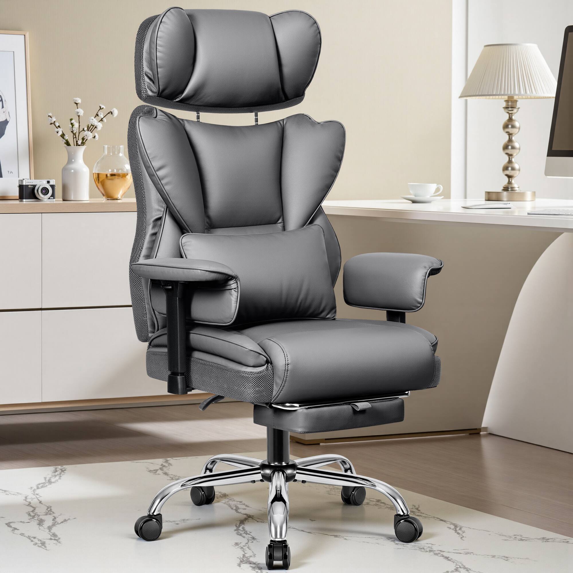 KERDOM - Ergonomic Executive Chair with Footrest, Lifting Armrest & Headrest Adjustable, Home Office Reclining PU Leather Chair - Gray - Thumbnail 2