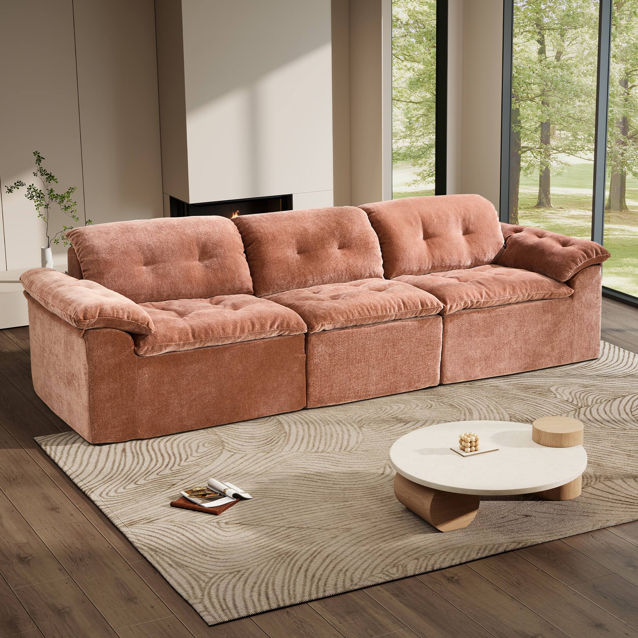 Angle. Anysun - Anysun 3-Seater Luxurious Modern Cloud Chenille Modular Sectional Sofa with Detachable Backrest - Orange.