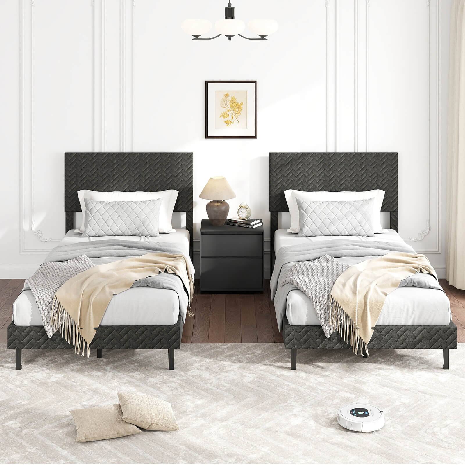 Alt View 3. Costway - Costway Twin Size Bed Frame with Height Adjustable Chevron Headboard, No Box Spring Needed - Gray.