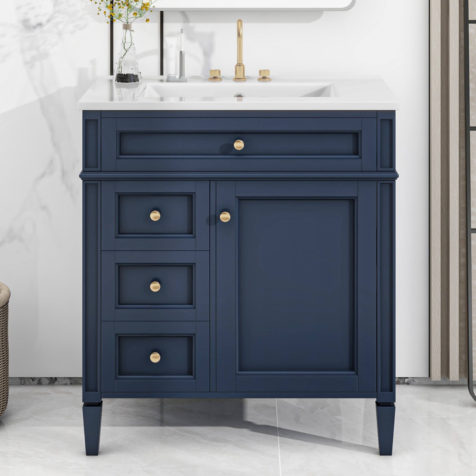Alt View 7. Glintex - 30'' Bathroom Vanity with Top Sink, 2 Drawers and a Tip-out Drawer, Single Sink Bathroom Vanity - Blue.