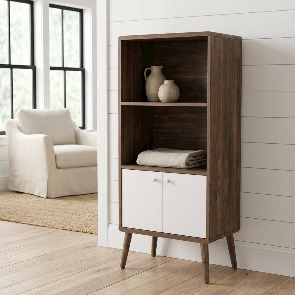 Angle. FurniFact - Wood Display Cabinet Bookshelf with Shelving Storage for Living Room - Brown.