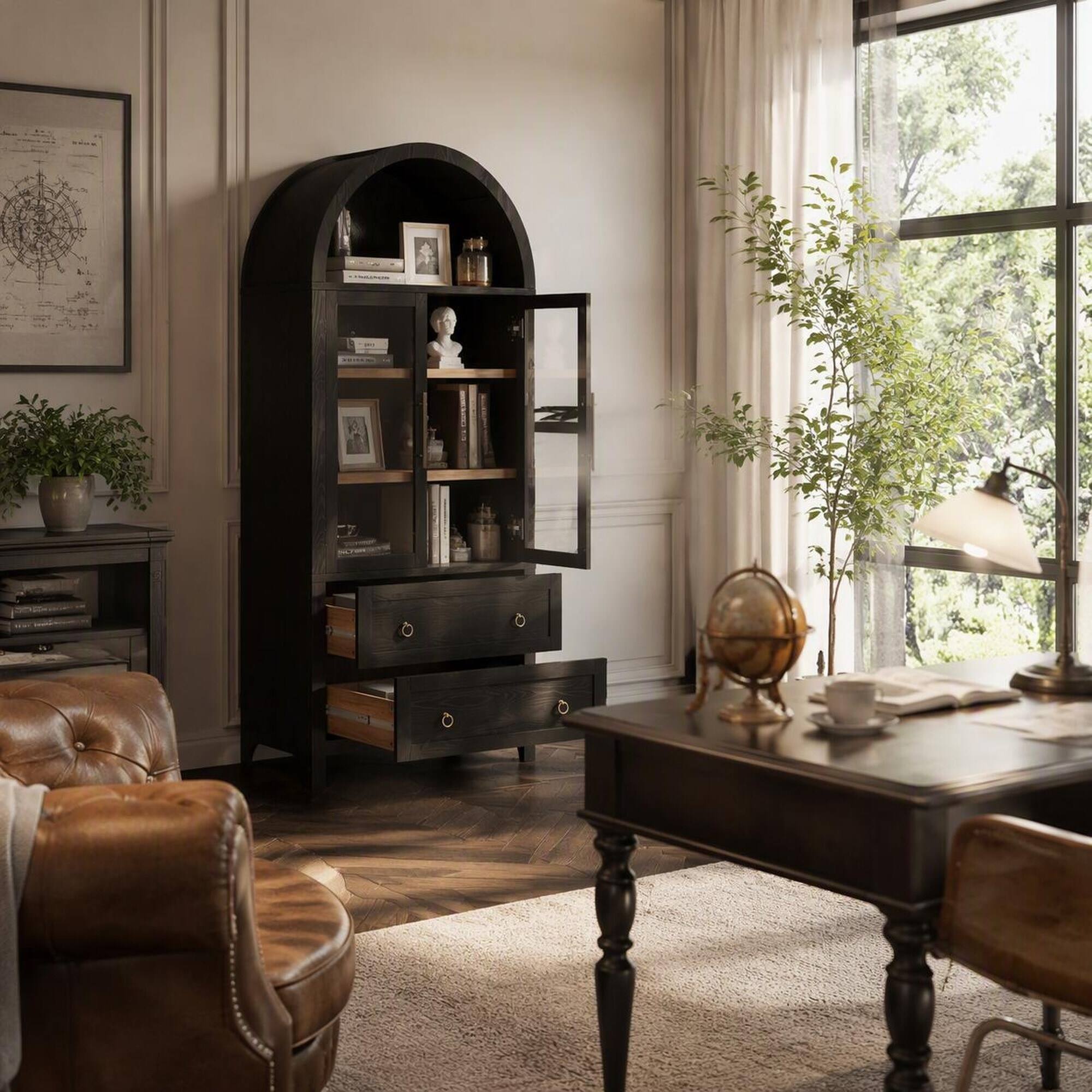 Left. RYHNUYNE - Freestanding 71 Inch Arched Kitchen Pantry Cabinet with 2 Drawers and Adjustable Shelves, Glass Door, Black - Black.