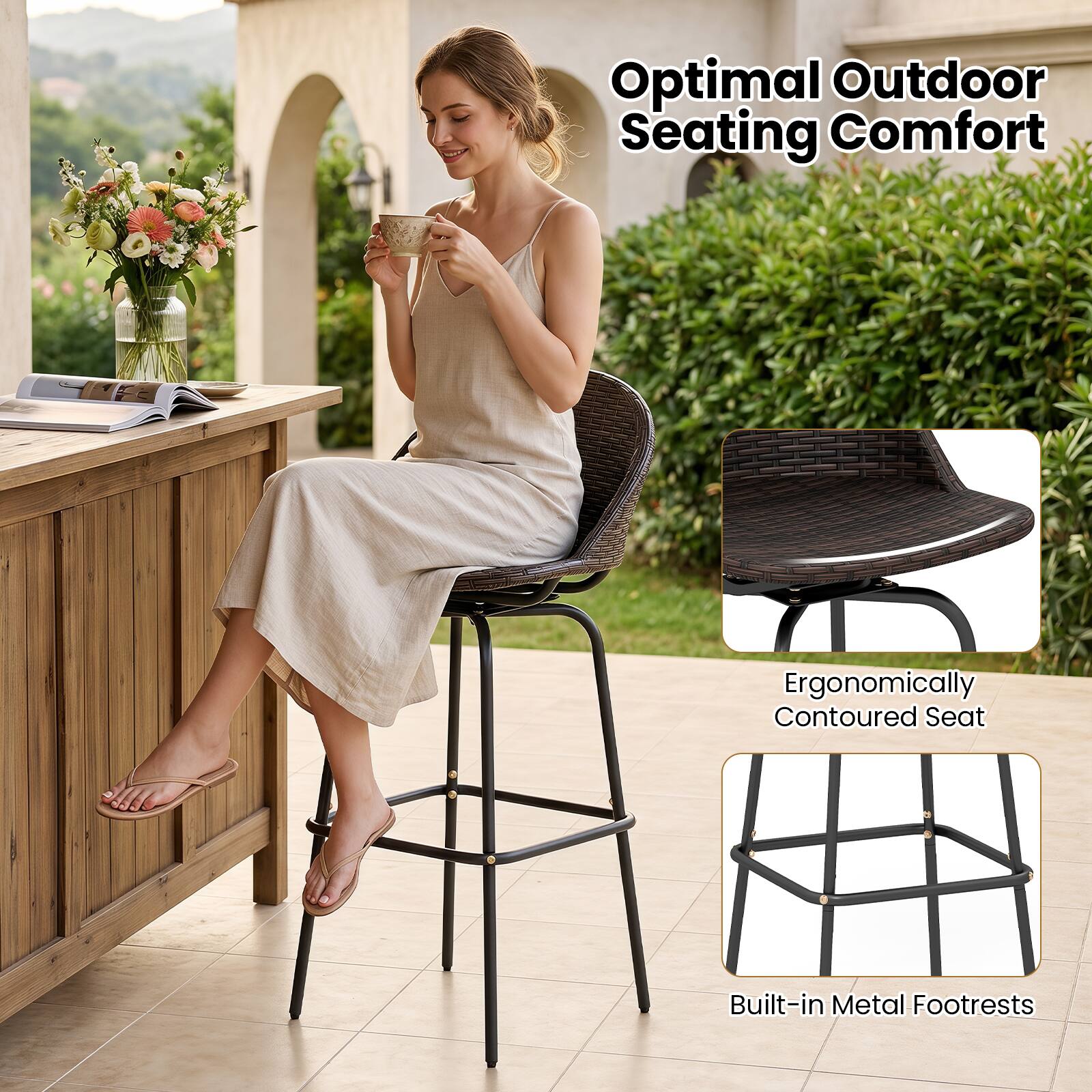Optimal Outdoor Seating Comfort  
Ergonomically Contoured Seat  
Built-in Metal Footrests