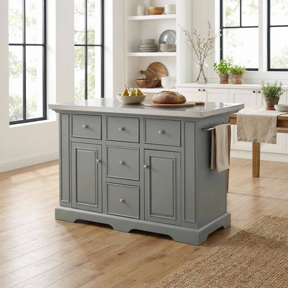 Alt View 4. FurniFact - Gray kitchen island with stainless steel accents and anti-tip safety - Gray.