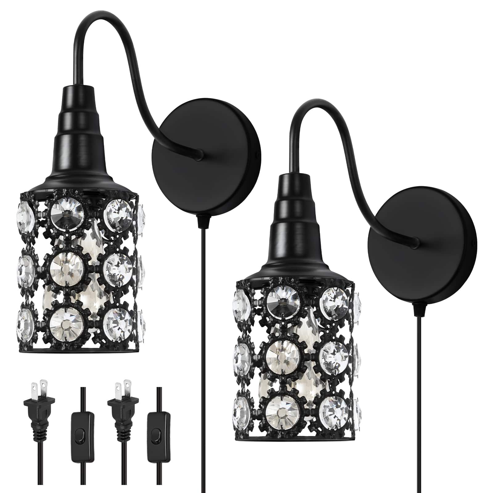 Oumilen - Plug-in Crystal Wall Sconces Set of 2, Modern Black Wall Lights with Crystal Shade