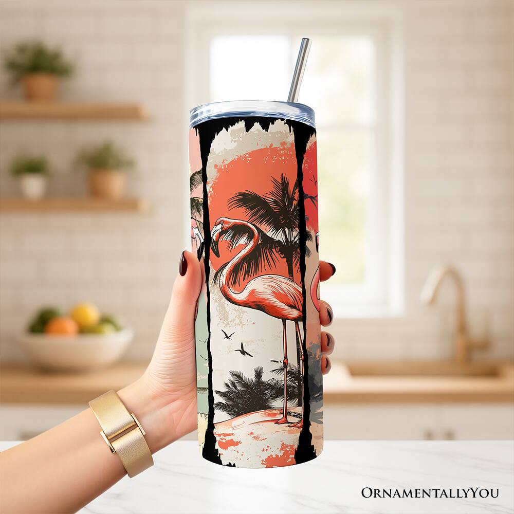 Left. OrnamentallyYou - Retro Flamingo Beach 20oz Tumbler With Stainless Steel Straw, Summer Vacation Sunset Gift Cup - Multicolored.